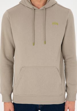 Erkek Kapüşonlu Açık Haki Basic Şardonlu Sweatshirt - 50295176181