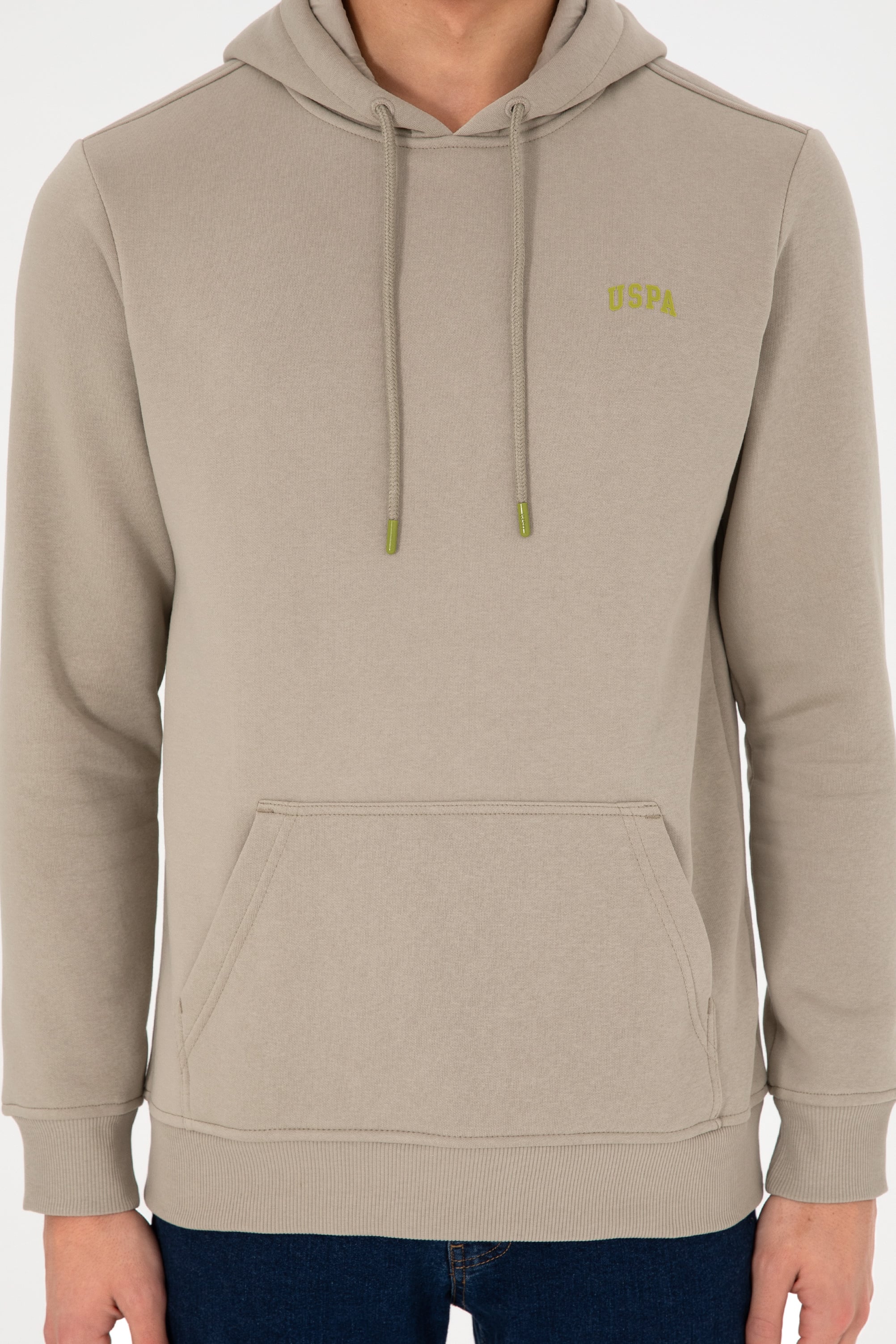 Erkek Kapüşonlu Açık Haki Basic Şardonlu Sweatshirt