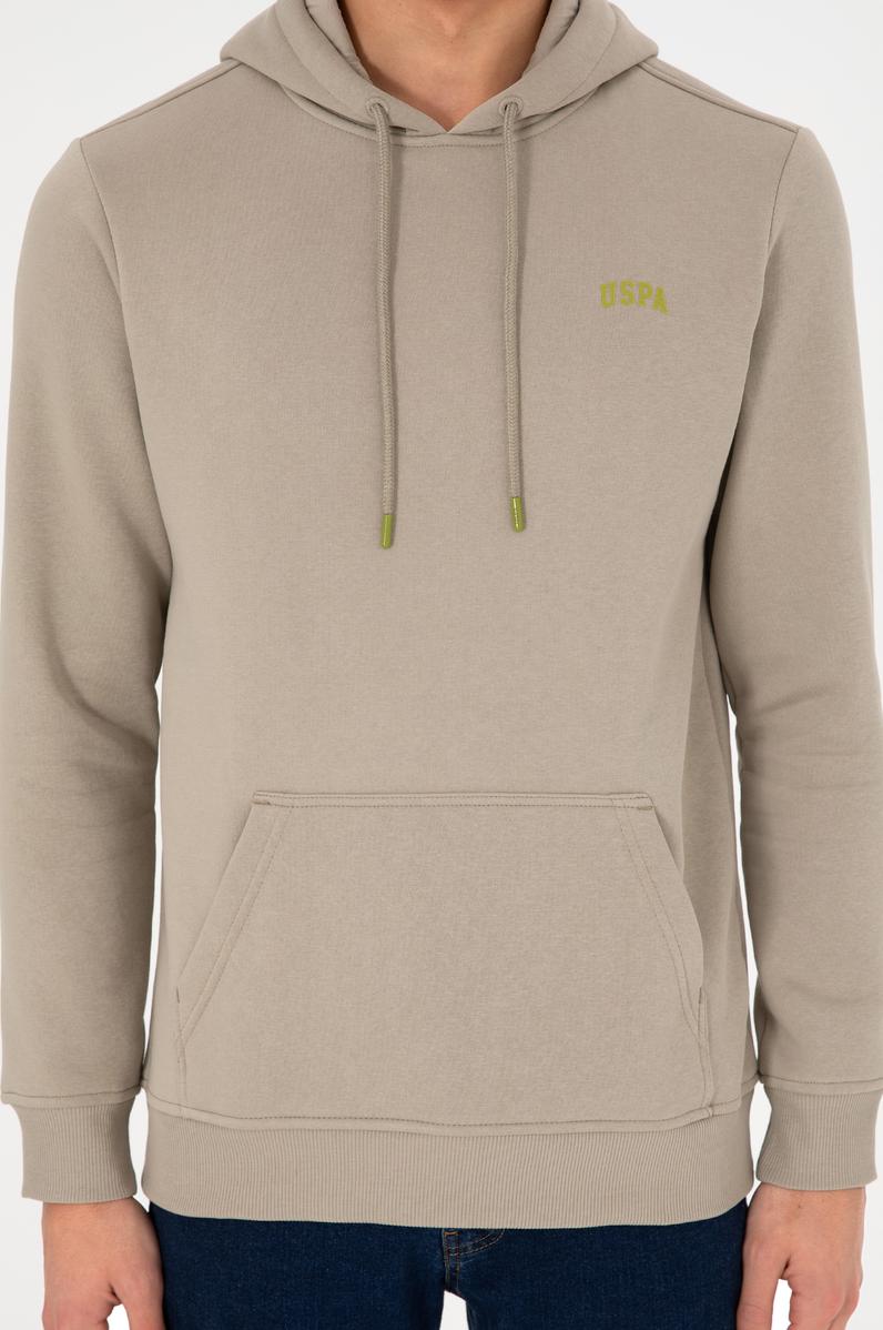 Erkek Kapüşonlu Açık Haki Basic Şardonlu Sweatshirt