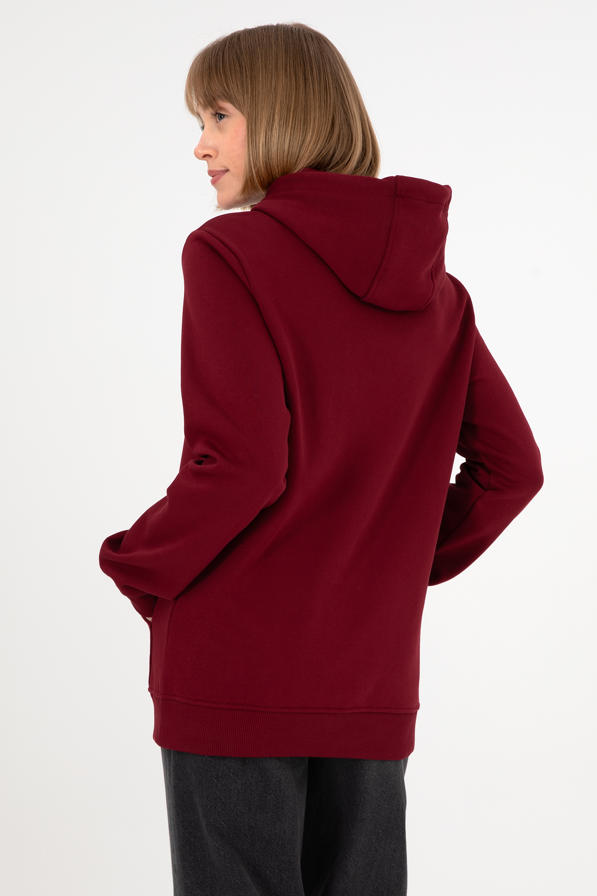 Erkek Kapüşonlu Bordo Basic Şardonlu Sweatshirt - Image 5