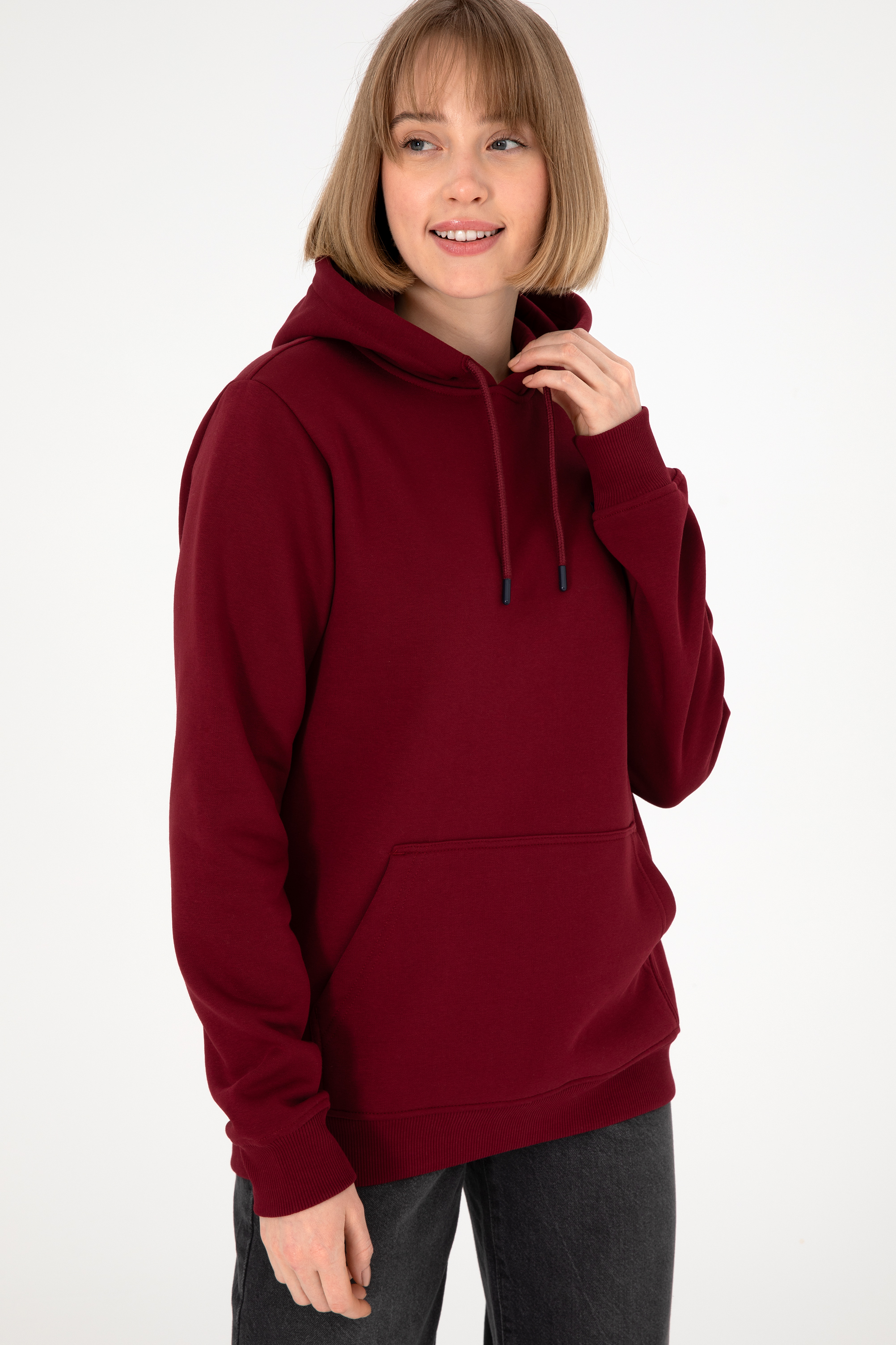 Erkek Kapüşonlu Bordo Basic Şardonlu Sweatshirt - Image 2