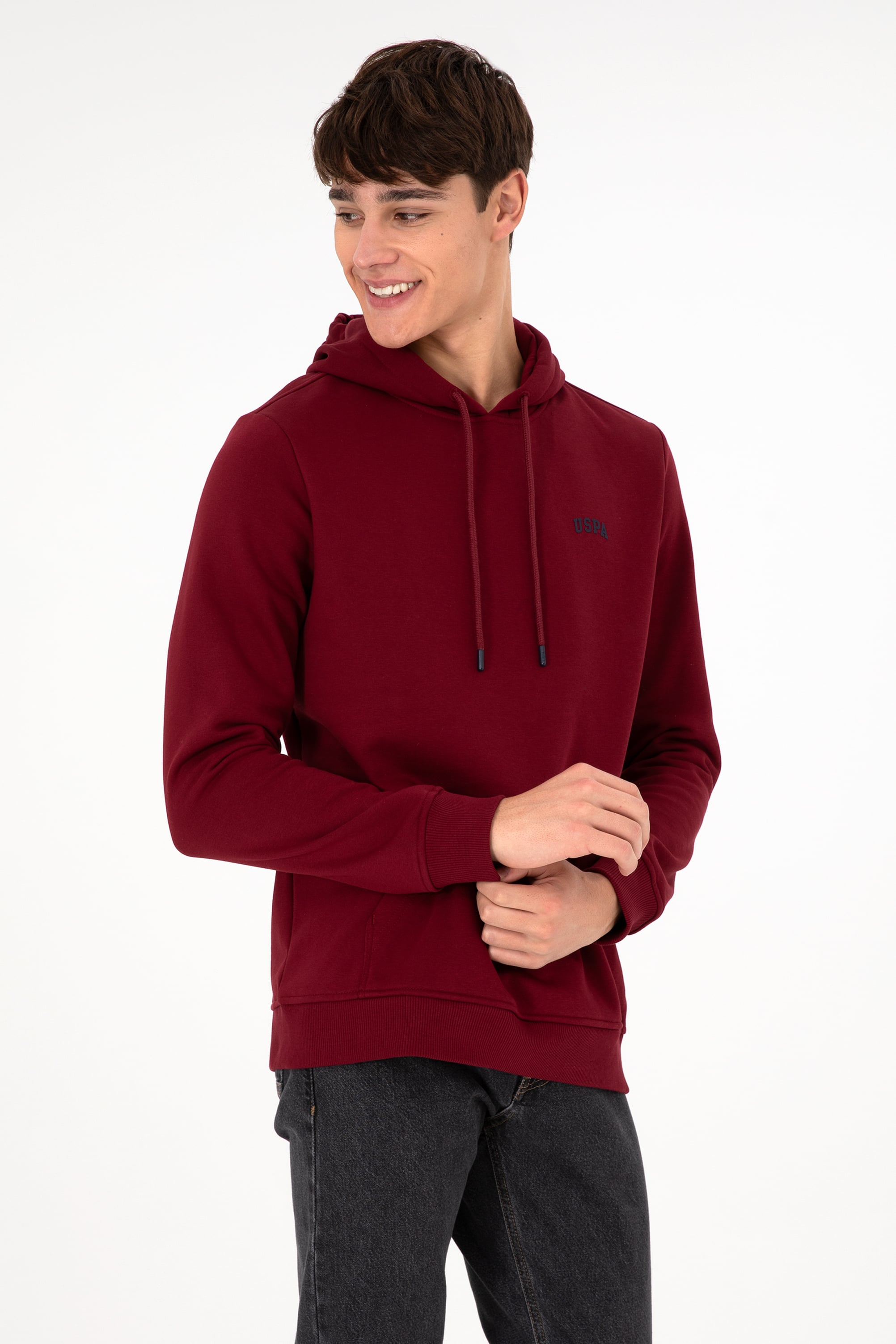 Erkek Kapüşonlu Bordo Basic Şardonlu Sweatshirt - Image 1