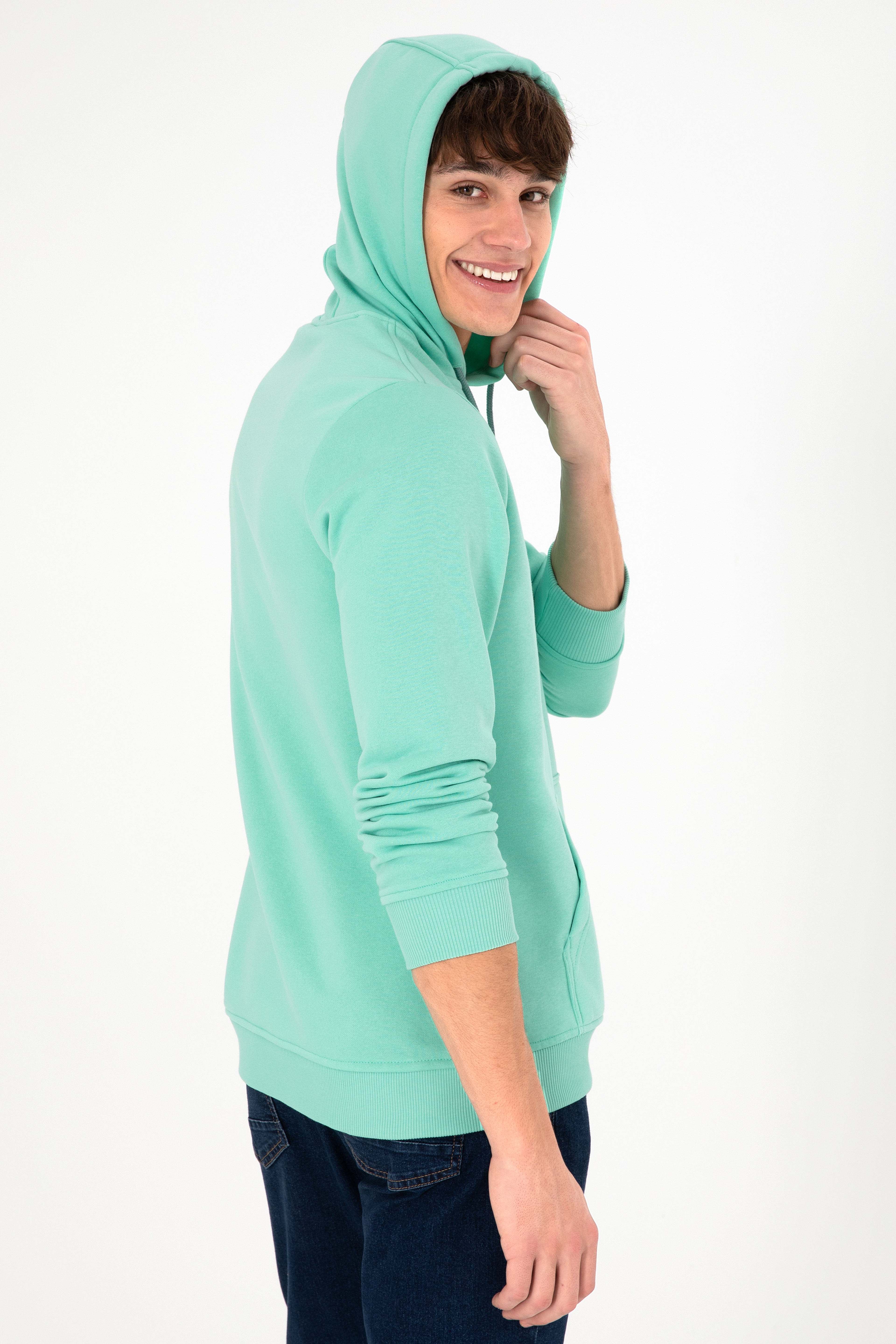 Erkek Kapüşonlu Mint Basic Şardonlu Sweatshirt
