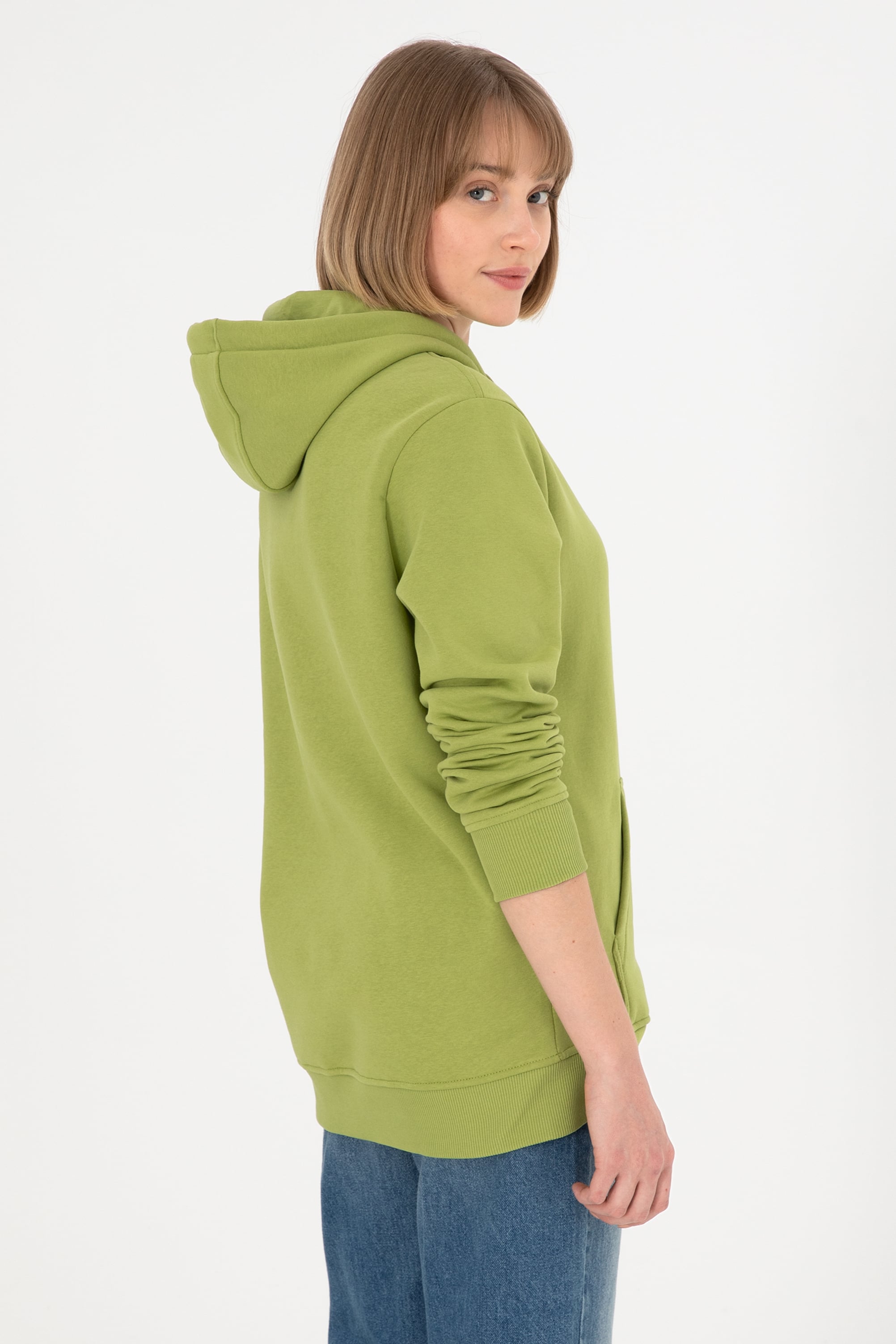 Erkek Kapüşonlu Fıstık Yeşili Basic Şardonlu Sweatshirt
