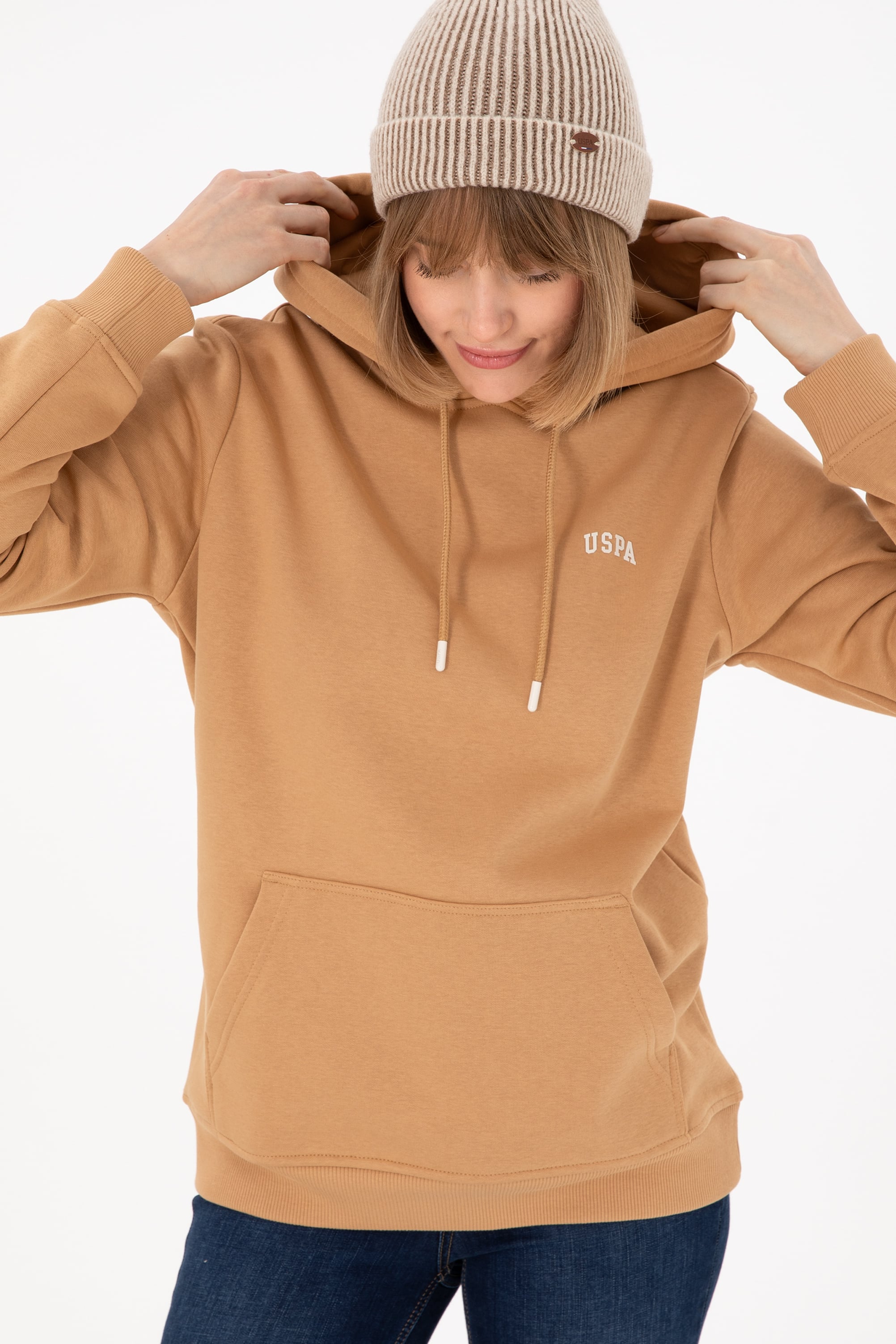 Erkek Kapüşonlu Camel Basic Şardonlu Sweatshirt - Image 3