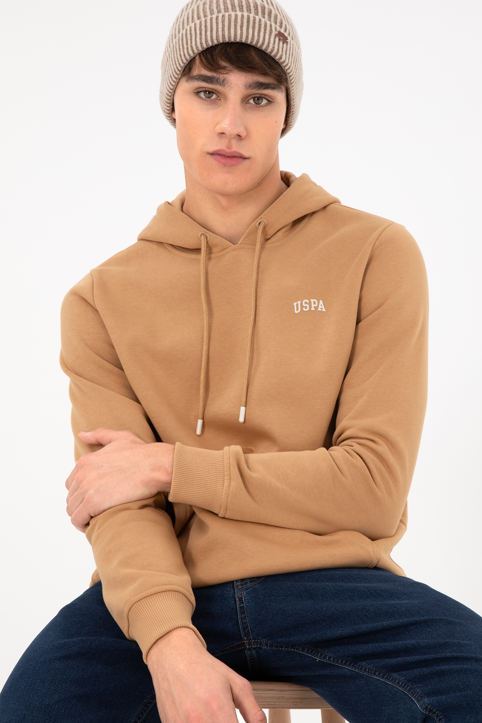 Erkek Kapüşonlu Camel Basic Şardonlu Sweatshirt - Image 5