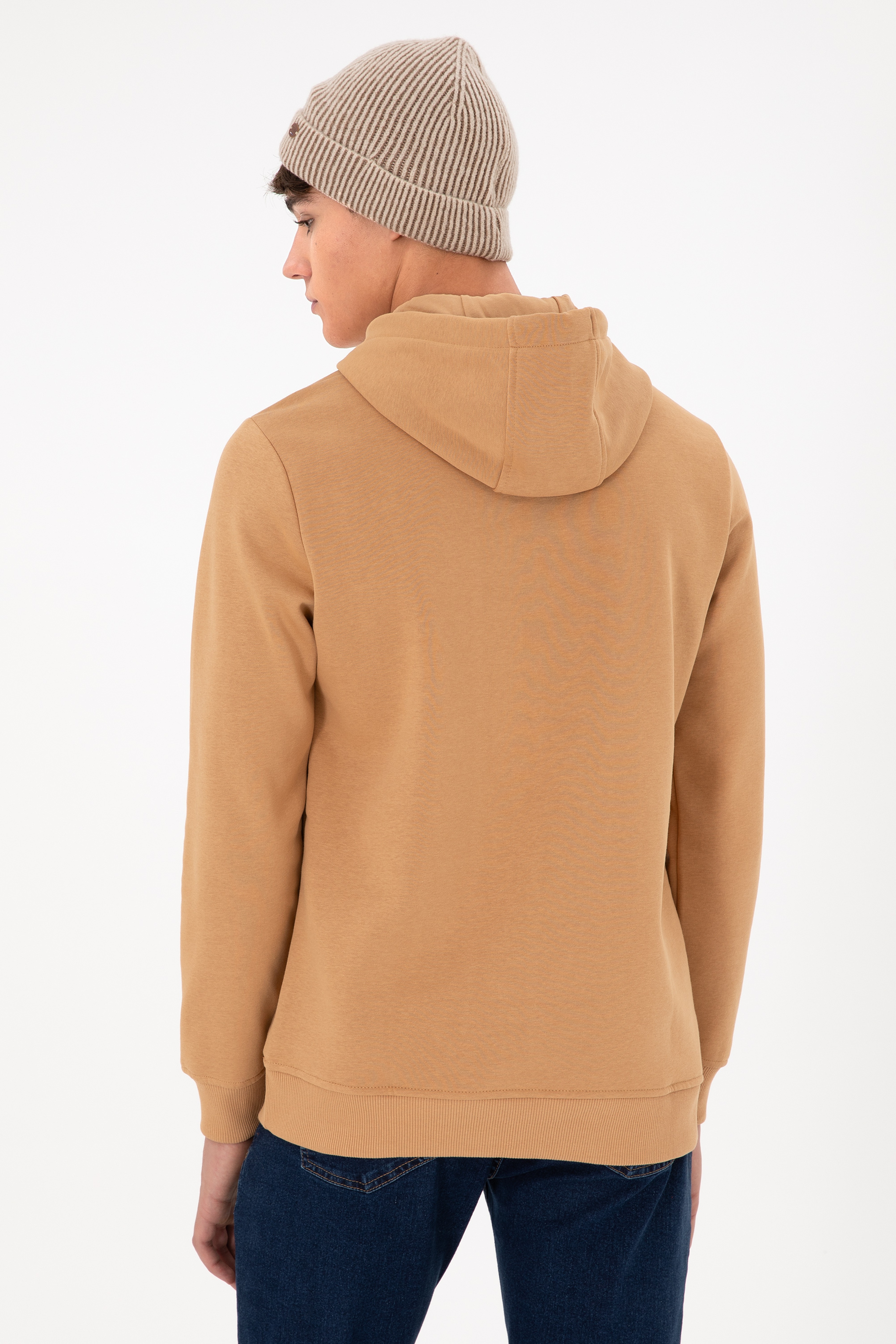 Erkek Kapüşonlu Camel Basic Şardonlu Sweatshirt - Image 6