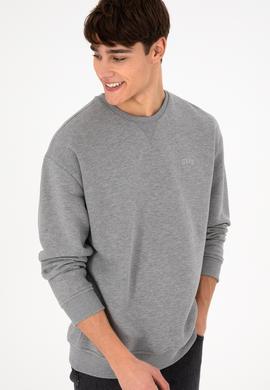 Erkek Bisiklet Yaka Gri Melanj Basic Şardonlu Sweatshirt - 50295148180