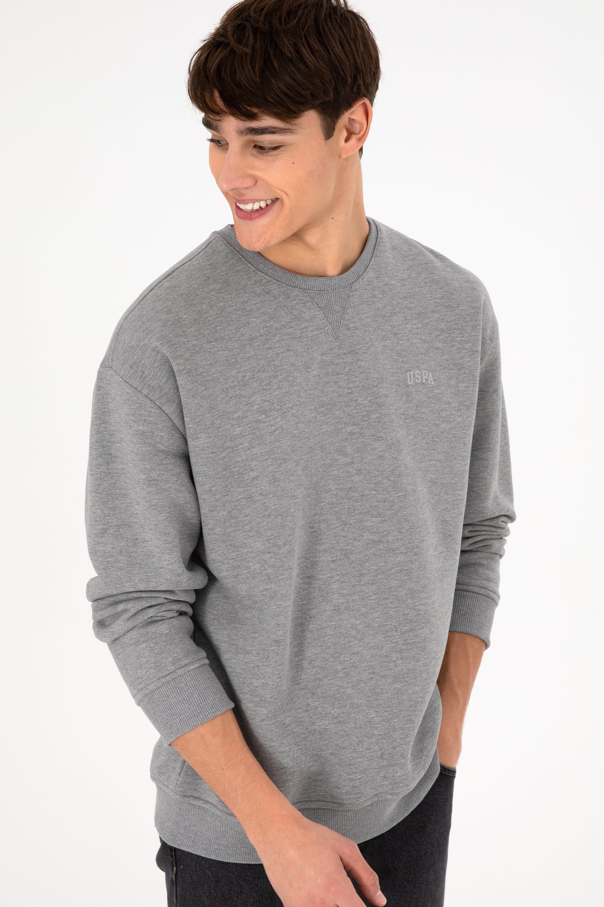 Erkek Bisiklet Yaka Gri Melanj Basic Şardonlu Sweatshirt