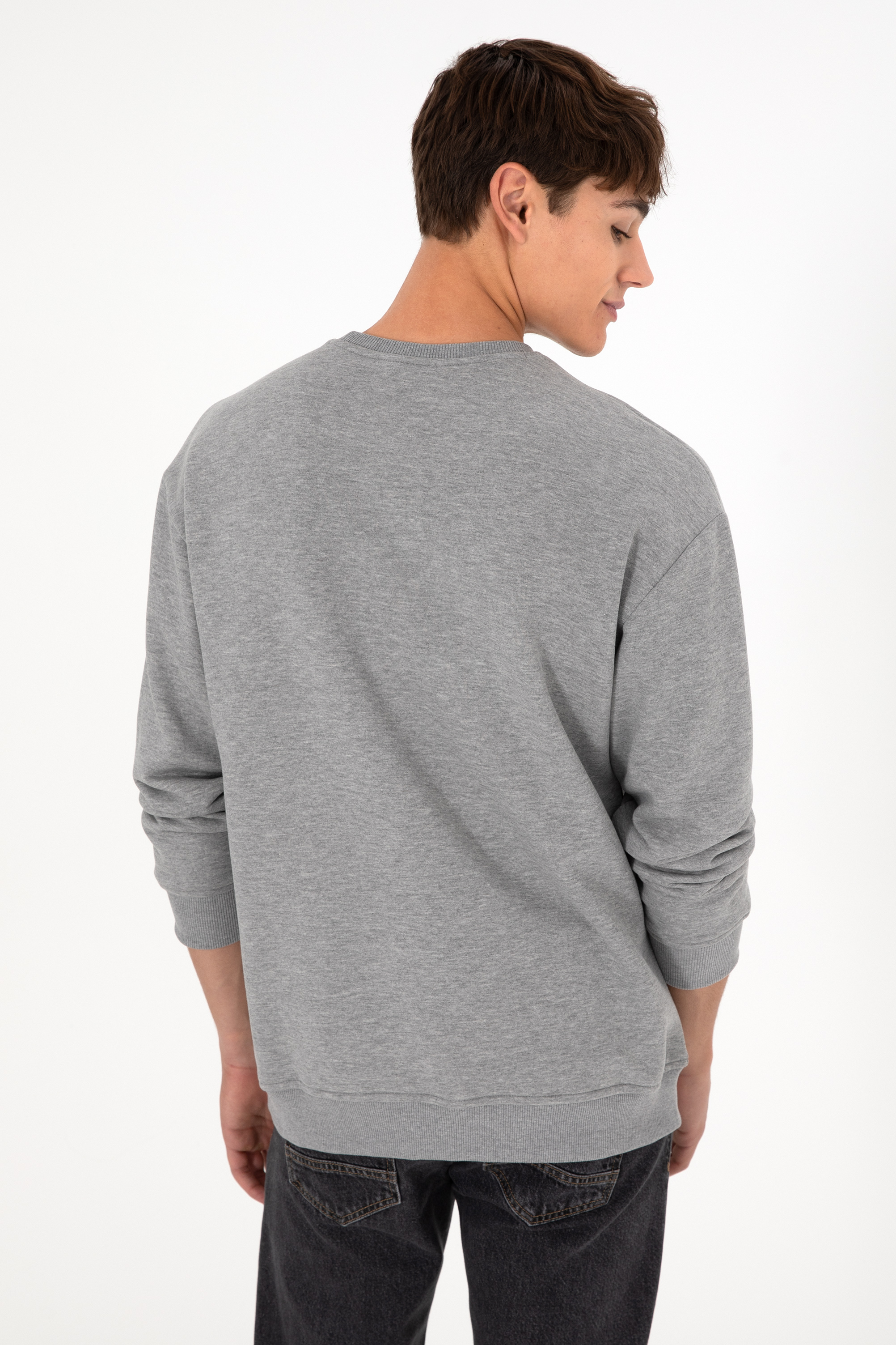 Erkek Bisiklet Yaka Gri Melanj Basic Şardonlu Sweatshirt - Image 6