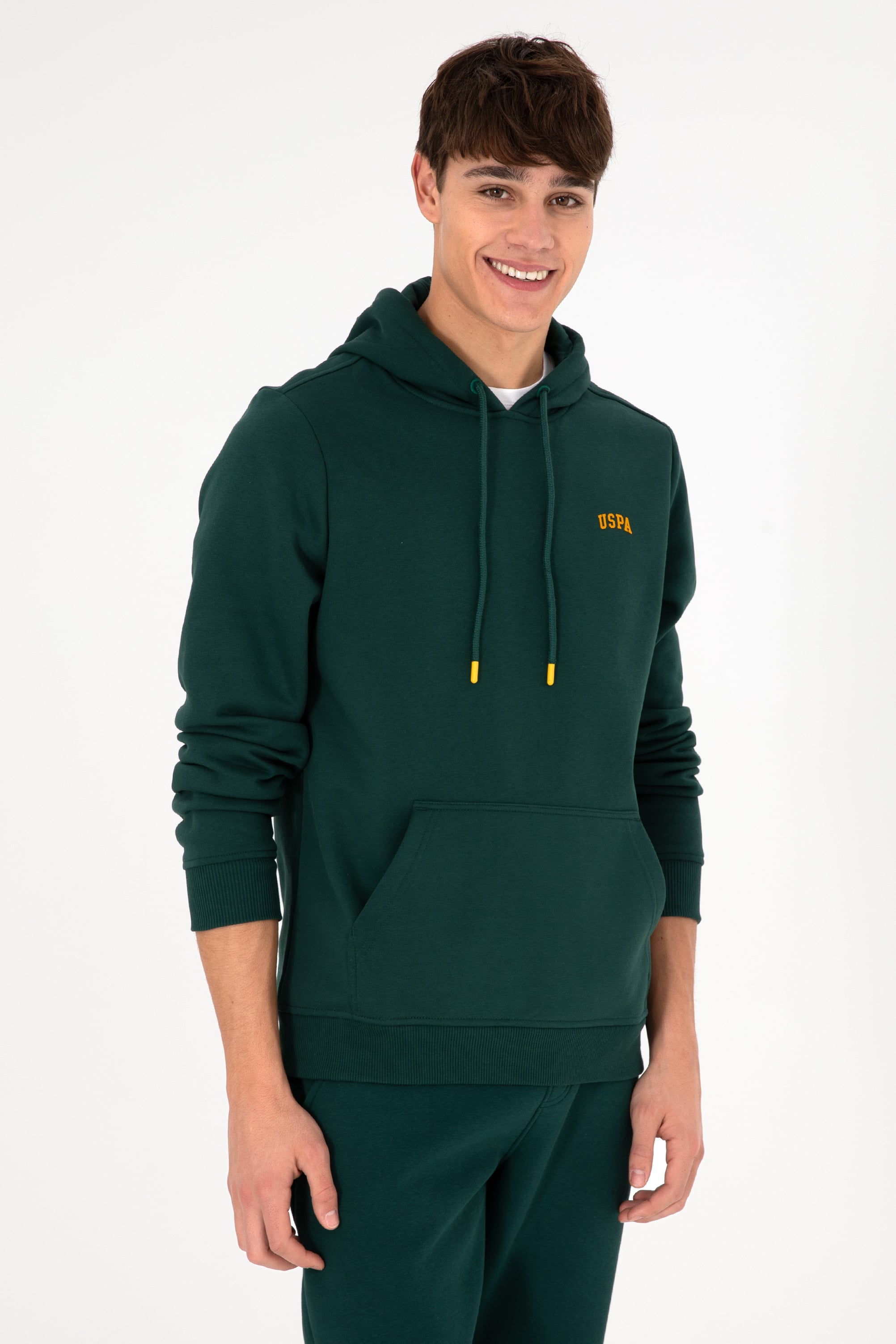 Erkek Kapüşonlu Koyu Yeşil Basic Şardonlu Sweatshirt - Image 1