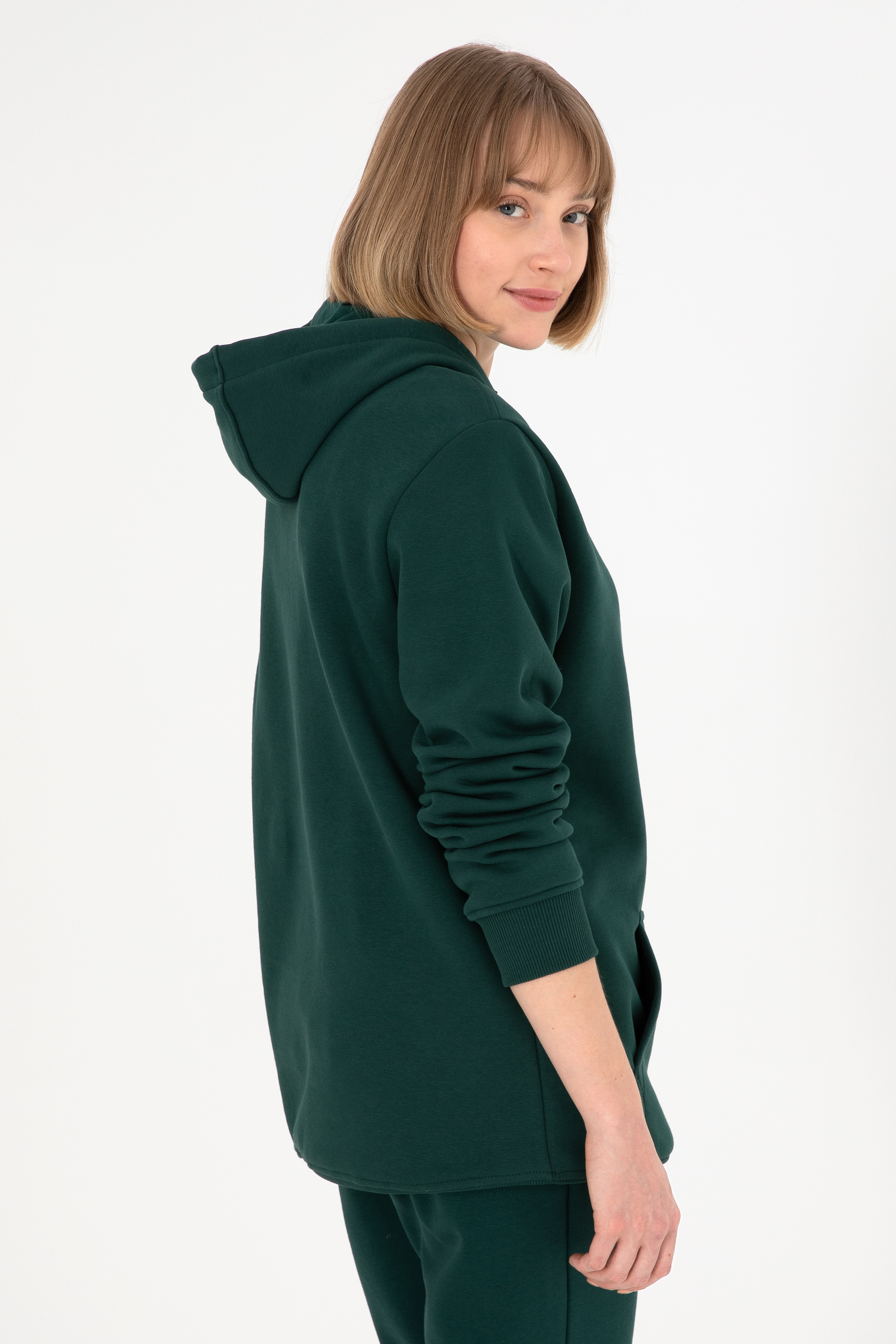 Erkek Kapüşonlu Koyu Yeşil Basic Şardonlu Sweatshirt - Image 5