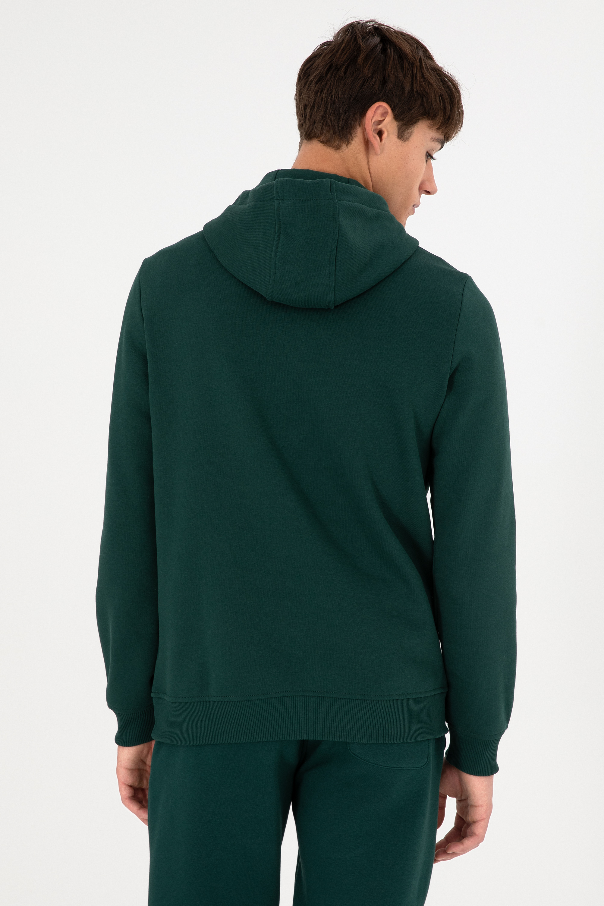 Erkek Kapüşonlu Koyu Yeşil Basic Şardonlu Sweatshirt - Image 6