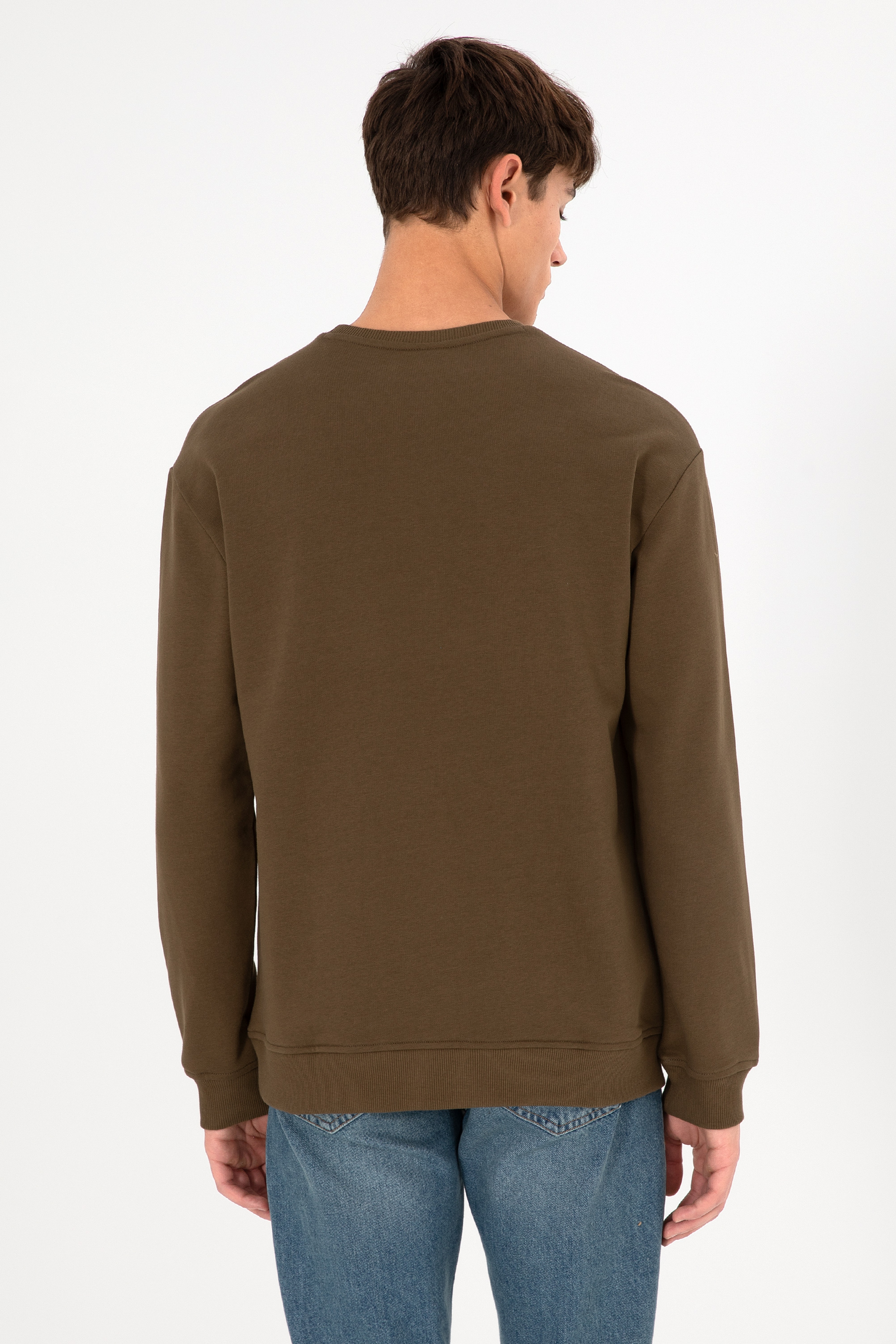 Erkek Comfort Fit Bisiklet Yaka Haki Basic Sweatshirt - Image 6