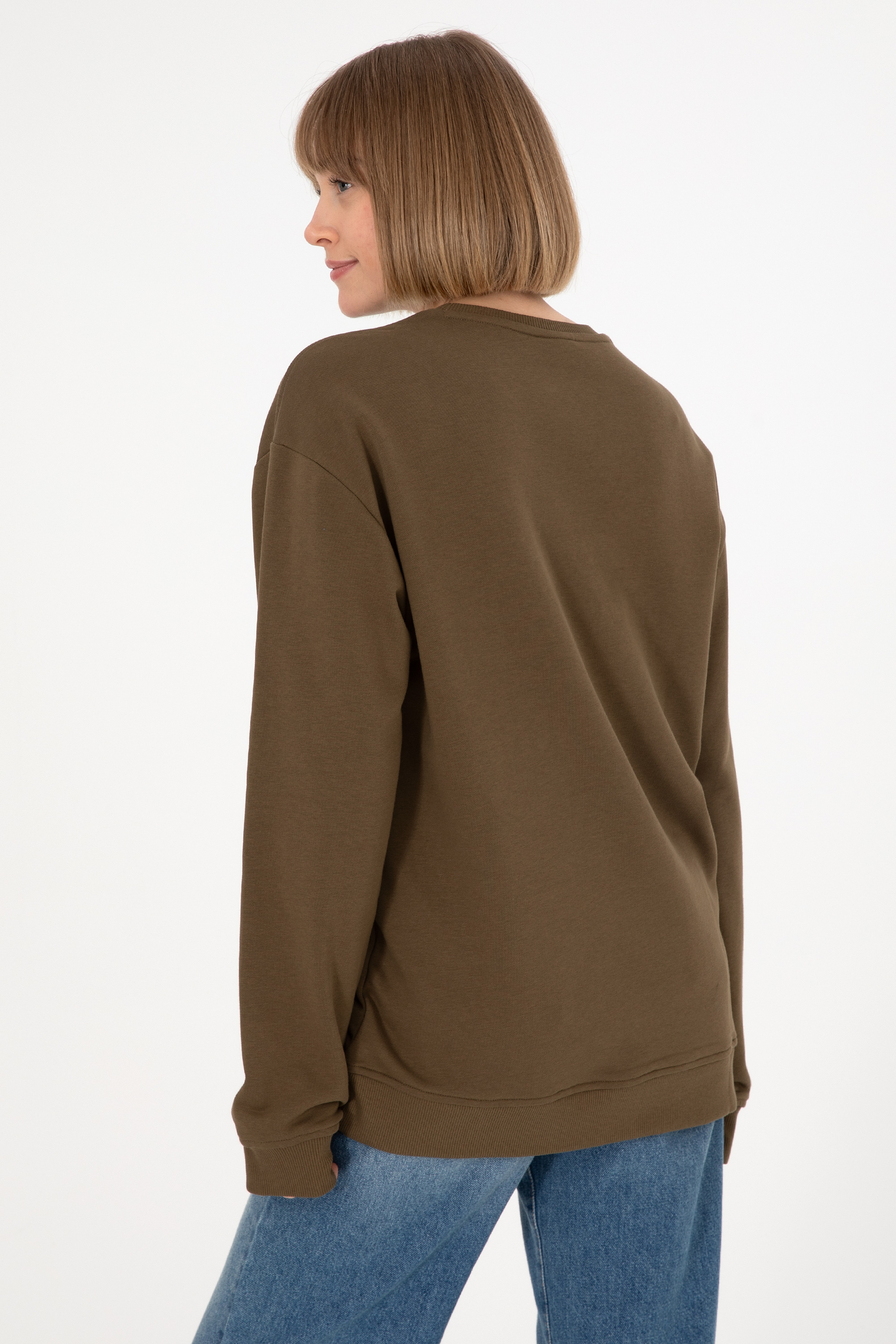 Erkek Comfort Fit Bisiklet Yaka Haki Basic Sweatshirt - Image 4