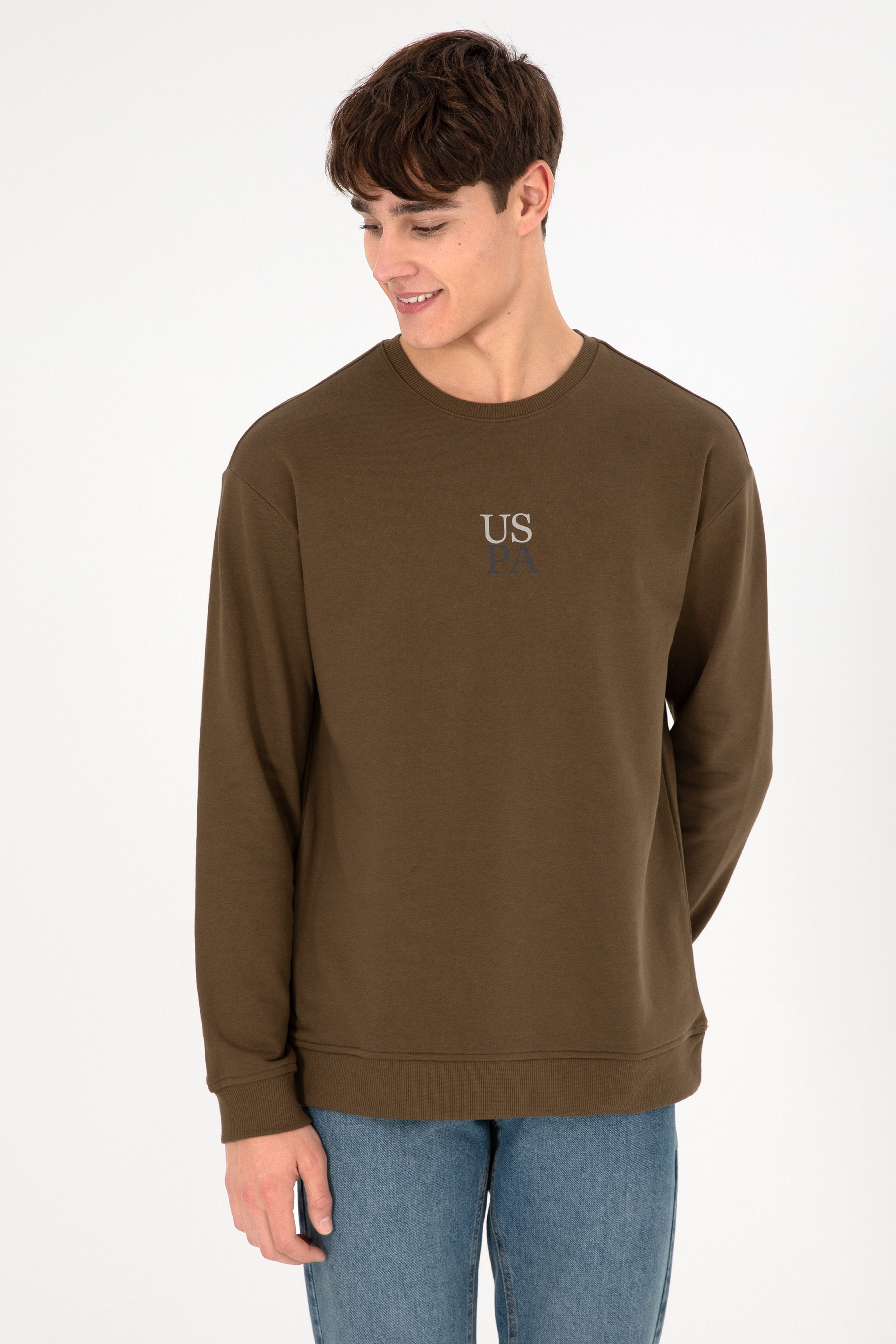 Erkek Comfort Fit Bisiklet Yaka Haki Basic Sweatshirt - Image 5