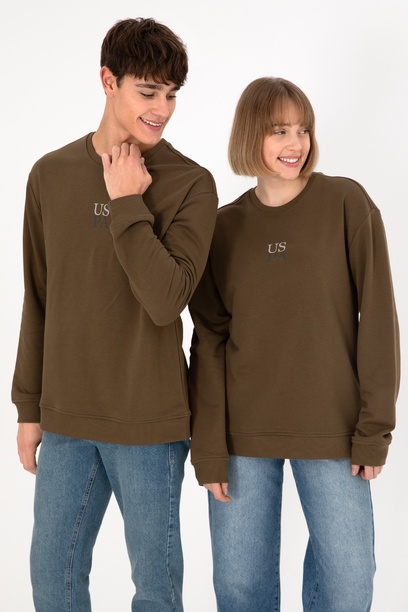 Erkek Comfort Fit Bisiklet Yaka Haki Basic Sweatshirt