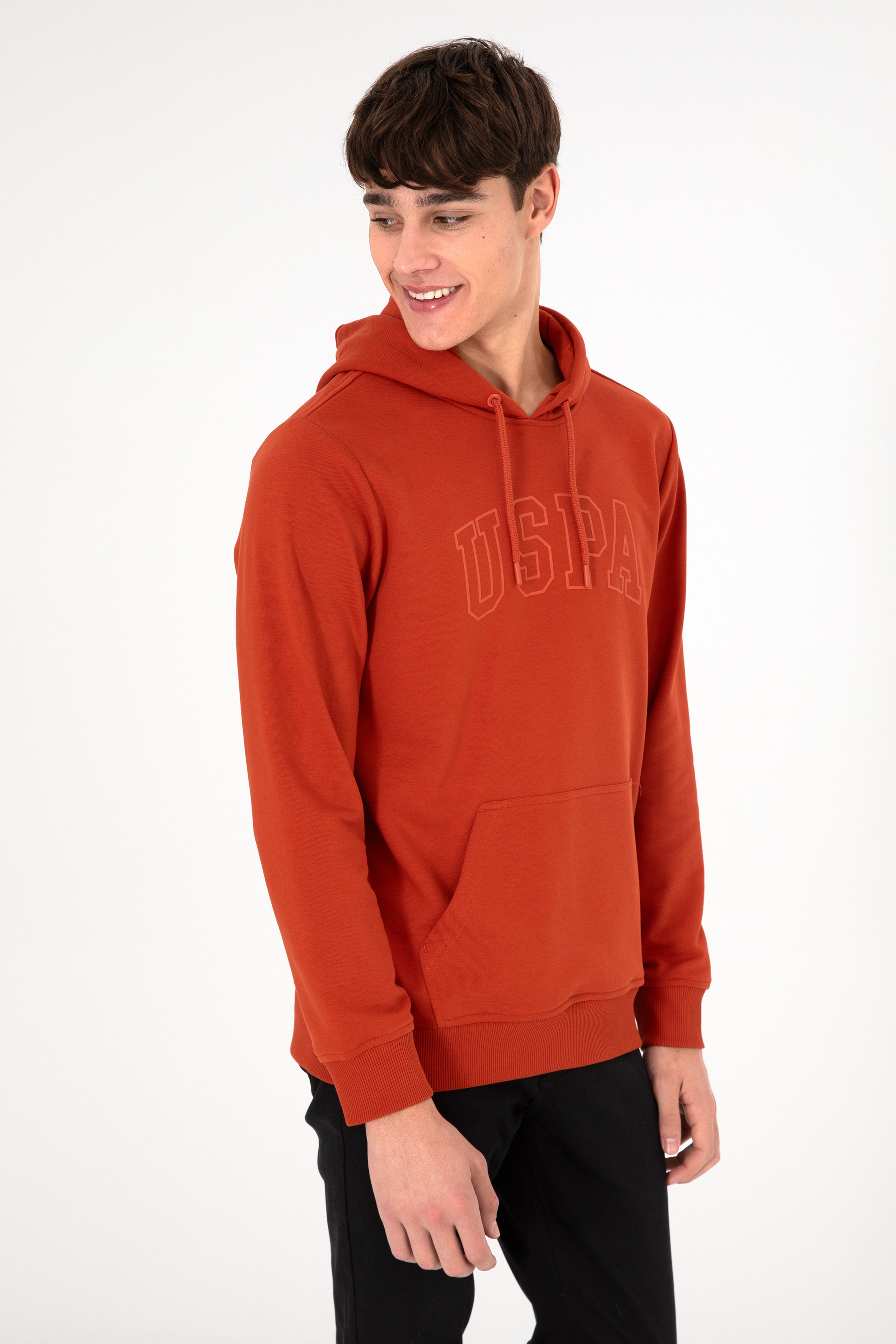 Erkek Regular Fit Kapüşonlu Kiremit Basic Sweatshirt