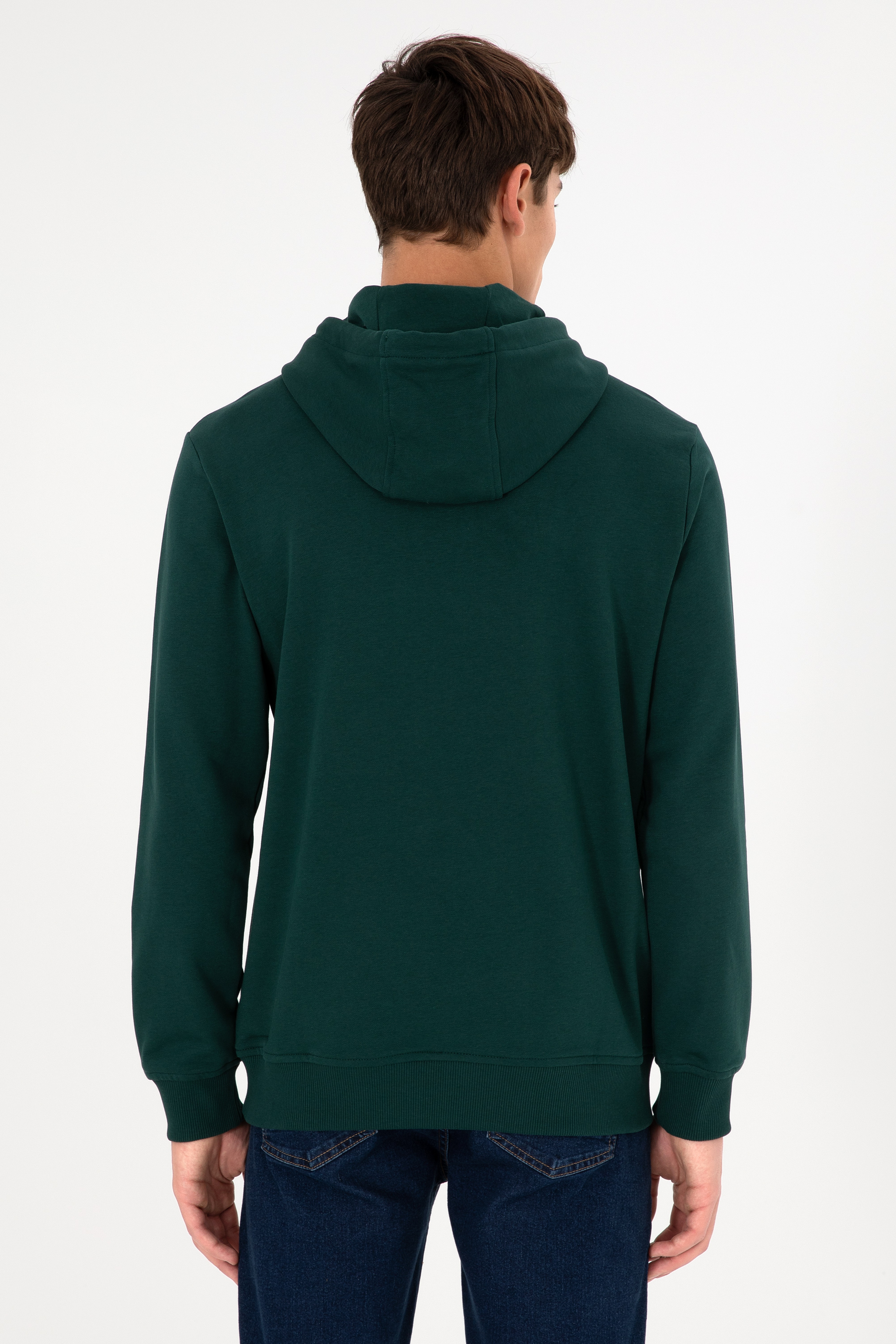 Erkek Regular Fit Kapüşonlu Koyu Yeşil Basic Sweatshirt