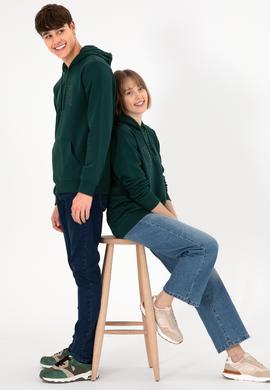 Erkek Regular Fit Kapüşonlu Koyu Yeşil Basic Sweatshirt - 50295175079