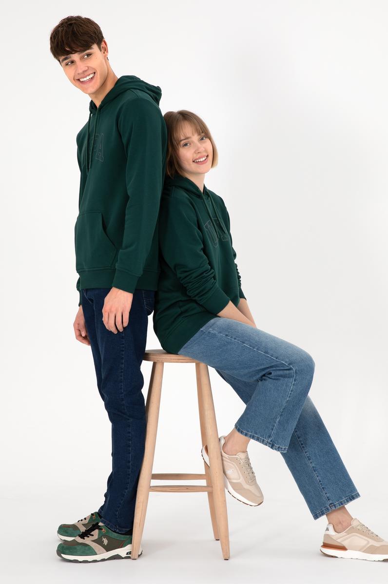 Erkek Regular Fit Kapüşonlu Koyu Yeşil Basic Sweatshirt