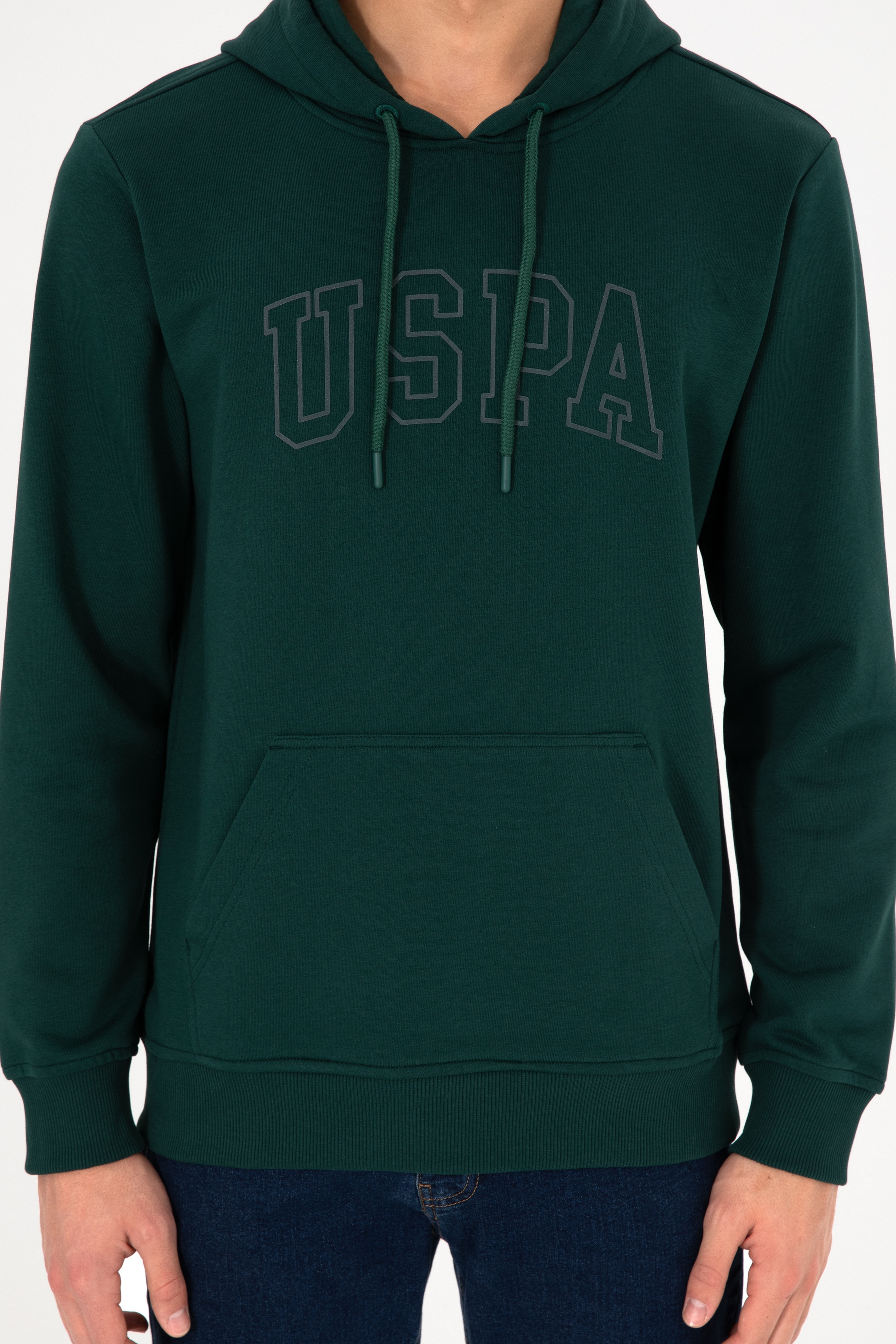 Erkek Regular Fit Kapüşonlu Koyu Yeşil Basic Sweatshirt - Image 7