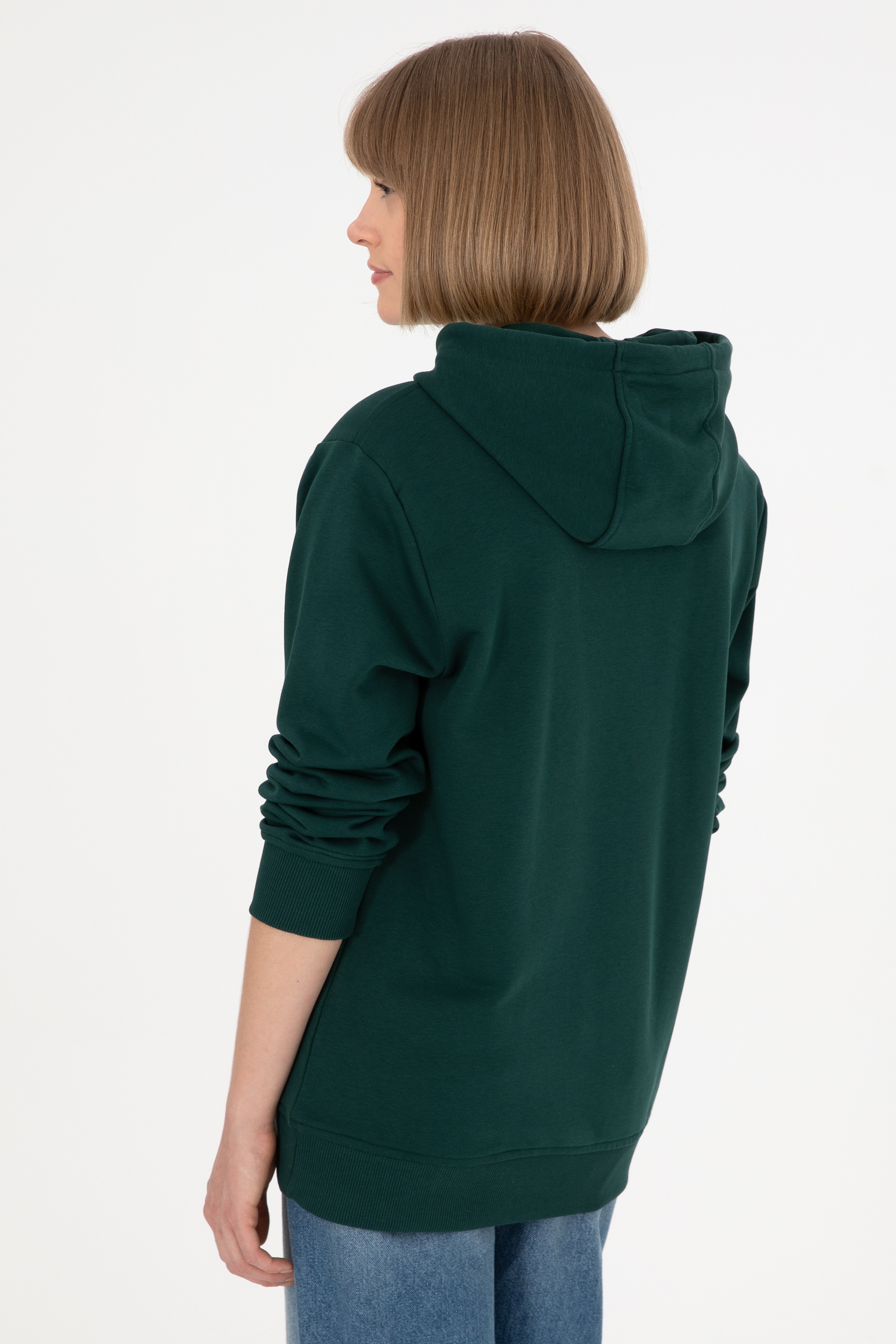 Erkek Regular Fit Kapüşonlu Koyu Yeşil Basic Sweatshirt - Image 4