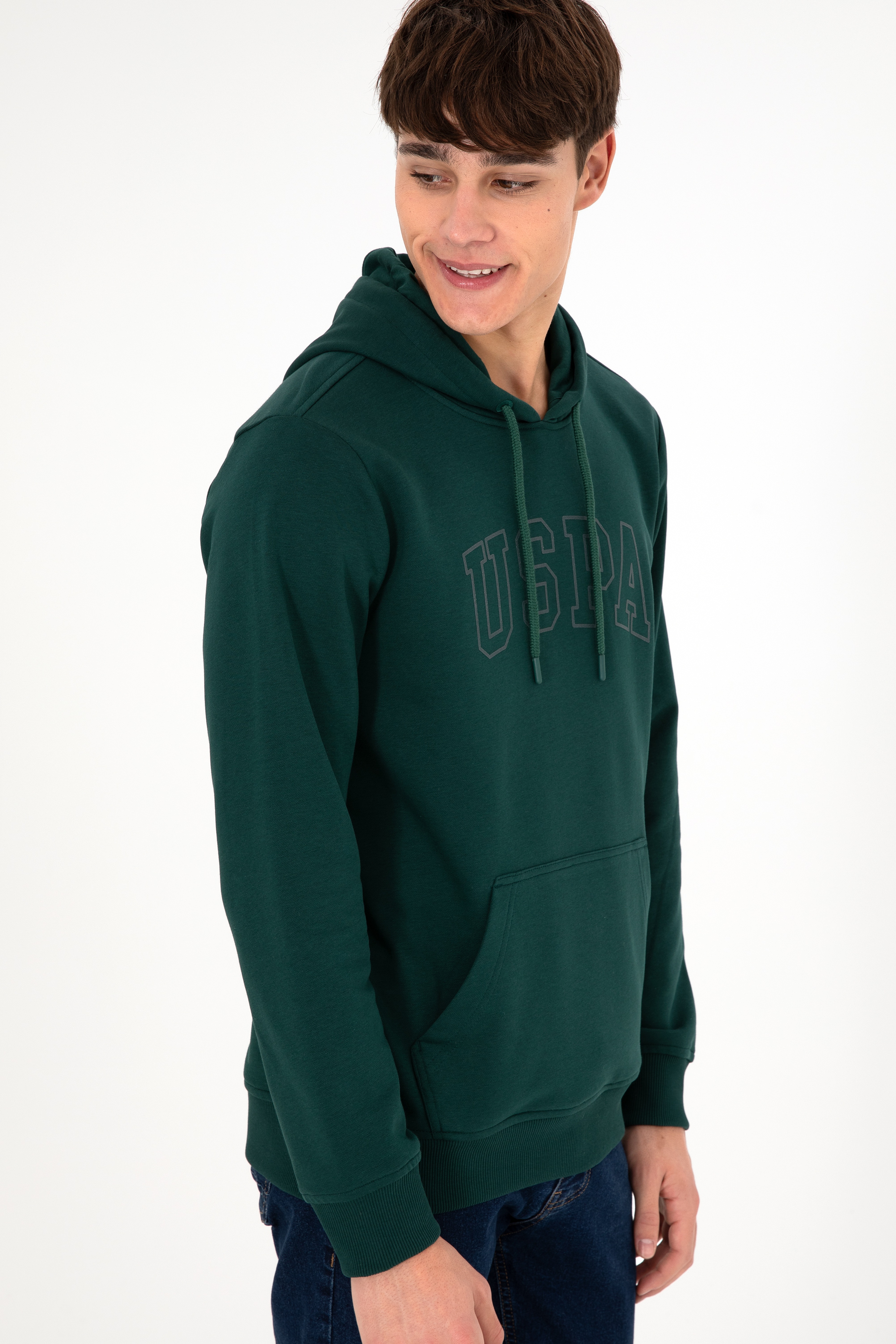Erkek Regular Fit Kapüşonlu Koyu Yeşil Basic Sweatshirt - Image 5