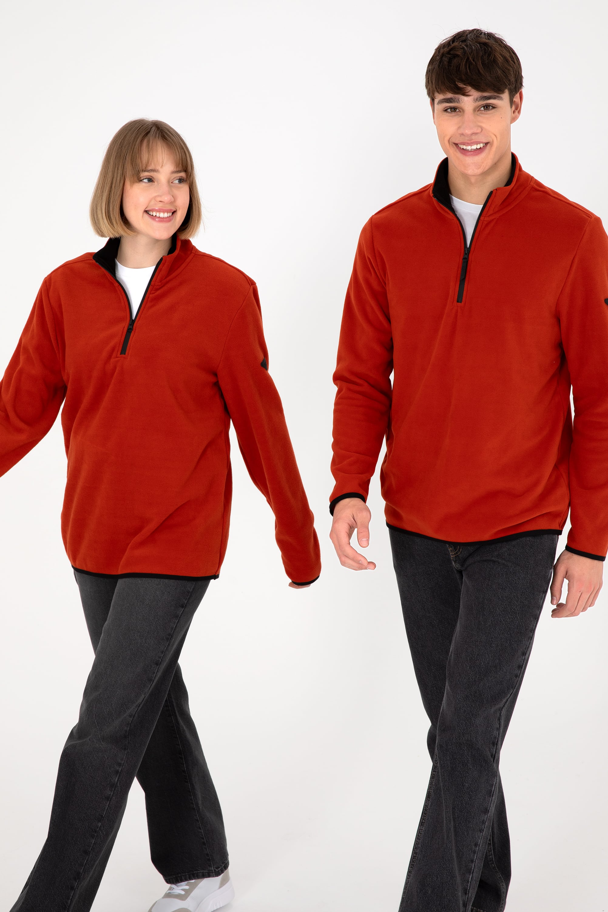 Erkek Yarım Fermuarlı Kiremit Basic Polar Sweatshirt - Image 1
