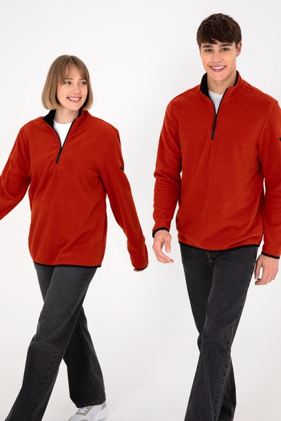 Erkek Yarım Fermuarlı Kiremit Basic Polar Sweatshirt