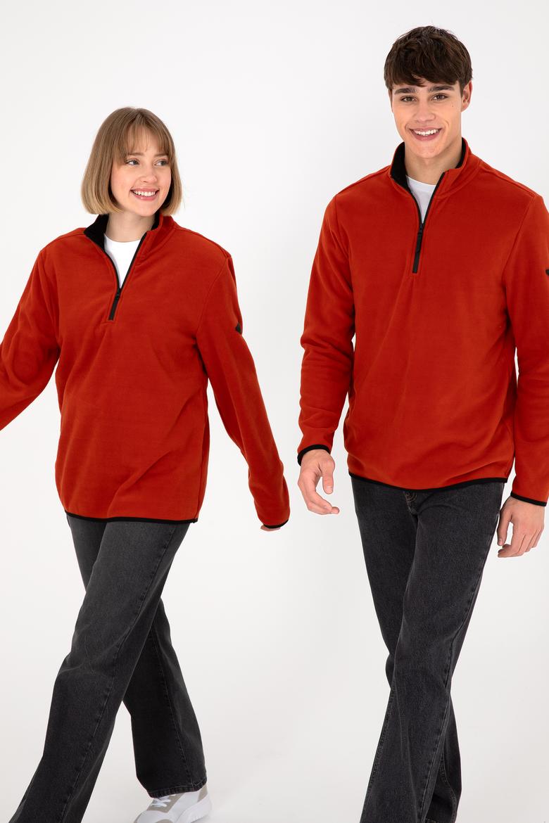 Erkek Yarım Fermuarlı Kiremit Basic Polar Sweatshirt