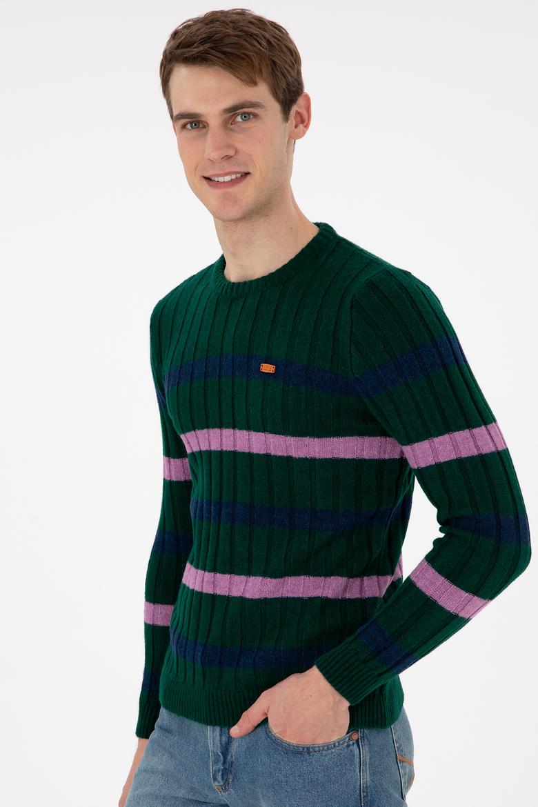 Erkek Regular Fit Bisiklet Yaka Koyu Yeşil Kazak - 50293109016