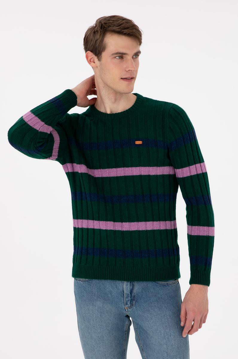 Erkek Regular Fit Bisiklet Yaka Koyu Yeşil Kazak