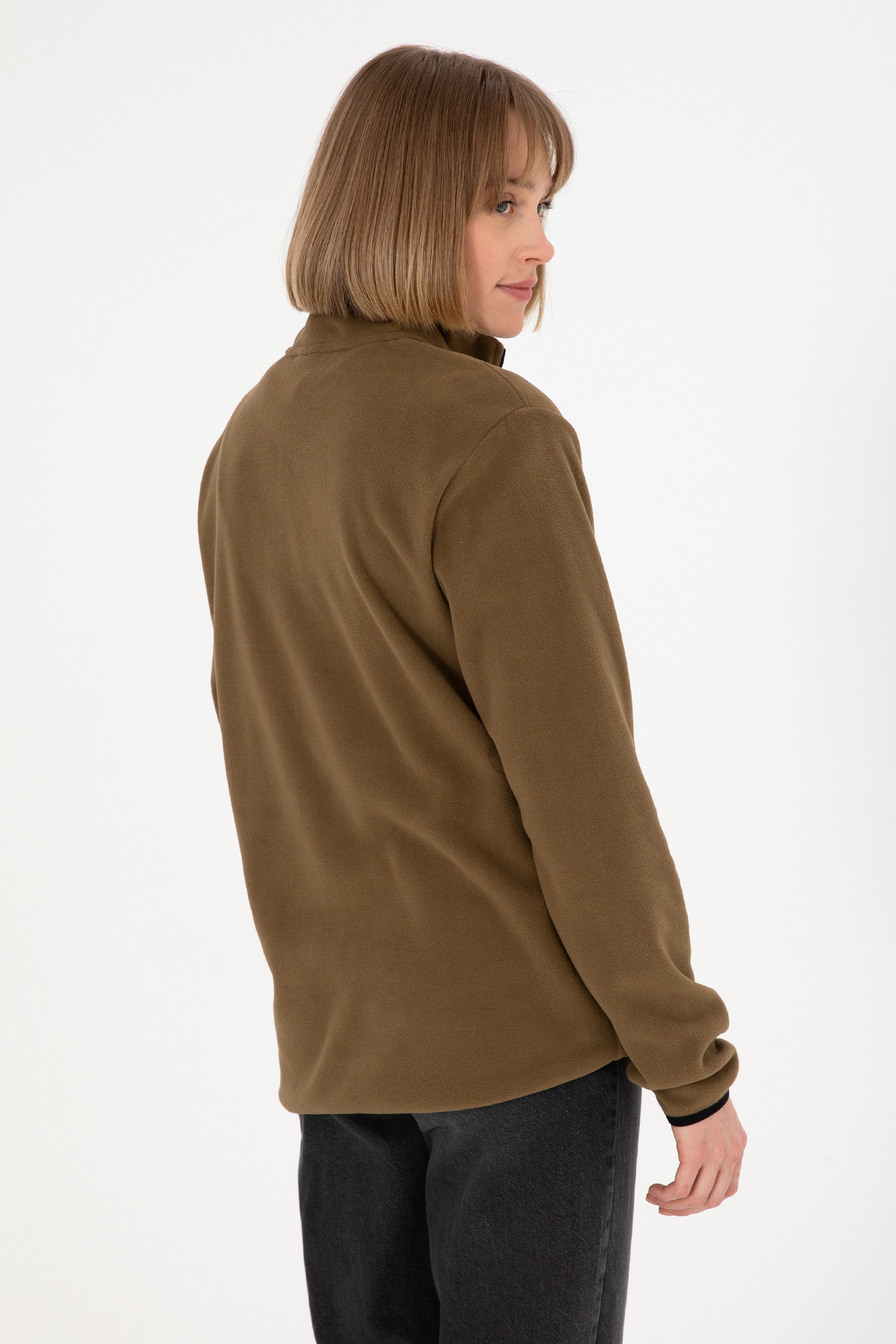 Erkek Yarım Fermuarlı Haki Basic Polar Sweatshirt - Image 4