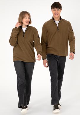 Erkek Yarım Fermuarlı Haki Basic Polar Sweatshirt - 50298085028
