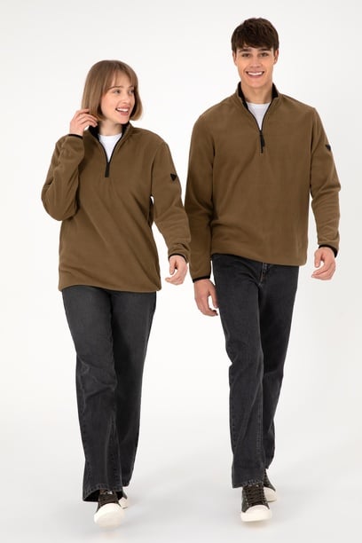 Erkek Yarım Fermuarlı Haki Basic Polar Sweatshirt
