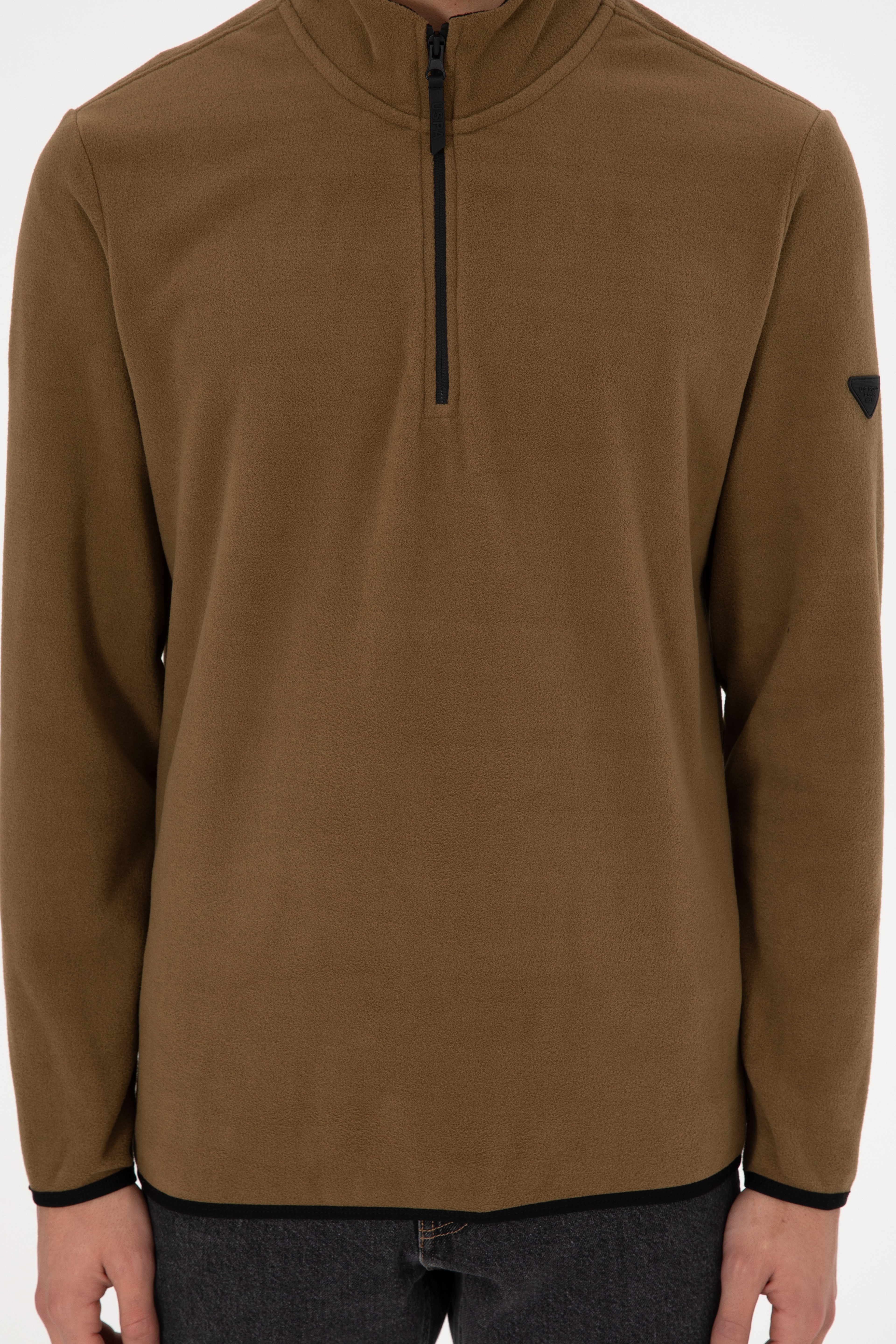 Erkek Yarım Fermuarlı Haki Basic Polar Sweatshirt