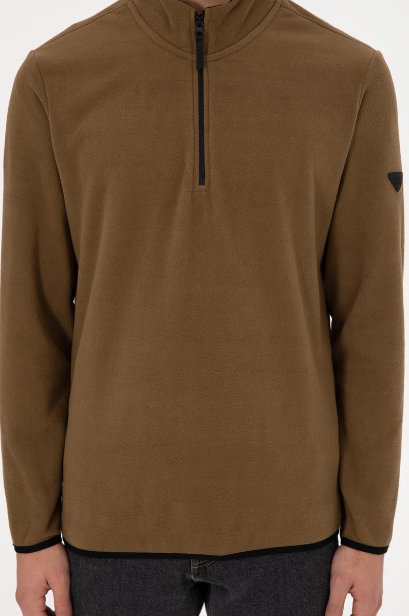 Erkek Yarım Fermuarlı Haki Basic Polar Sweatshirt