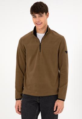 Erkek Yarım Fermuarlı Haki Basic Polar Sweatshirt - 50298085028