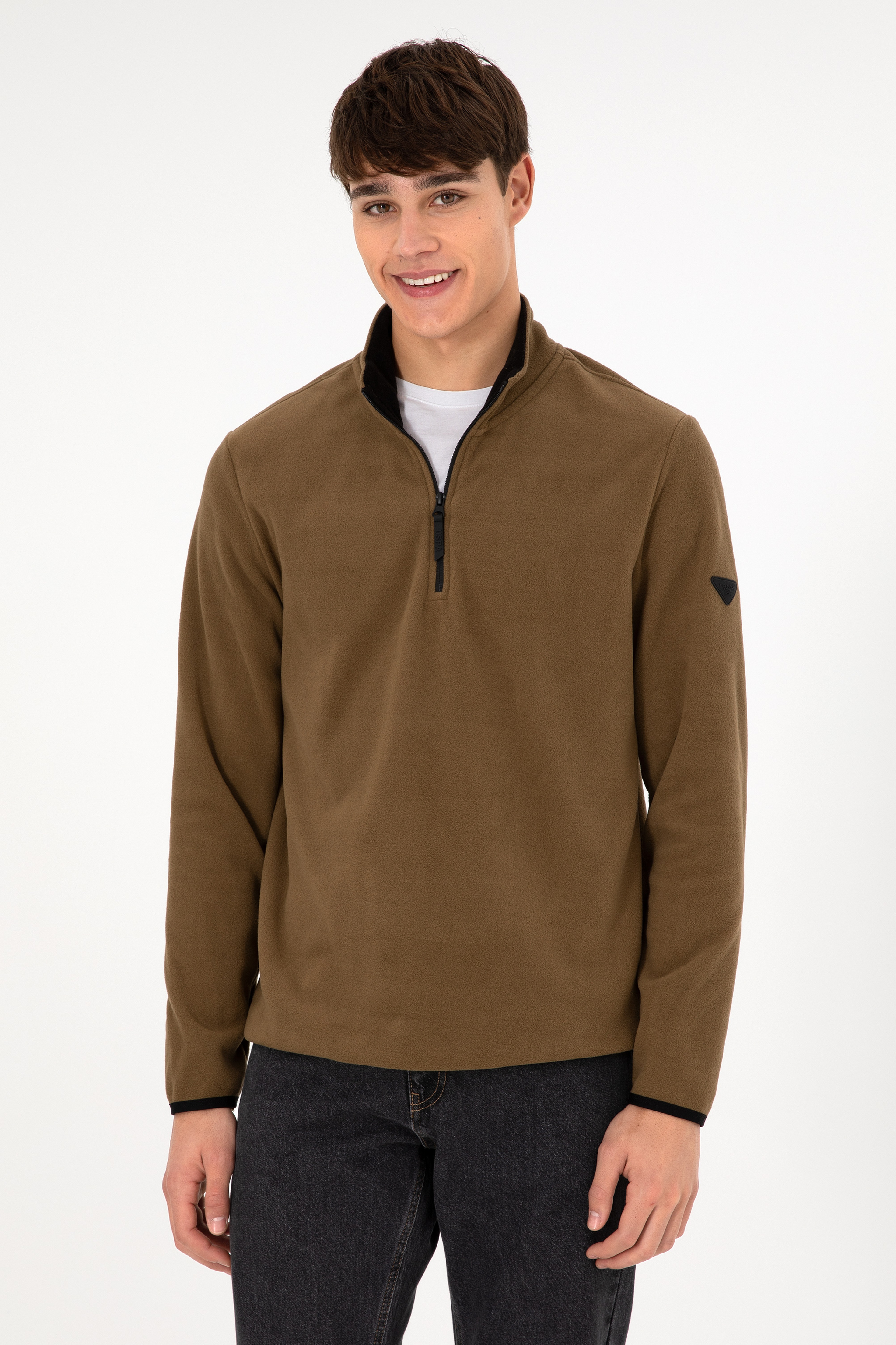Erkek Yarım Fermuarlı Haki Basic Polar Sweatshirt