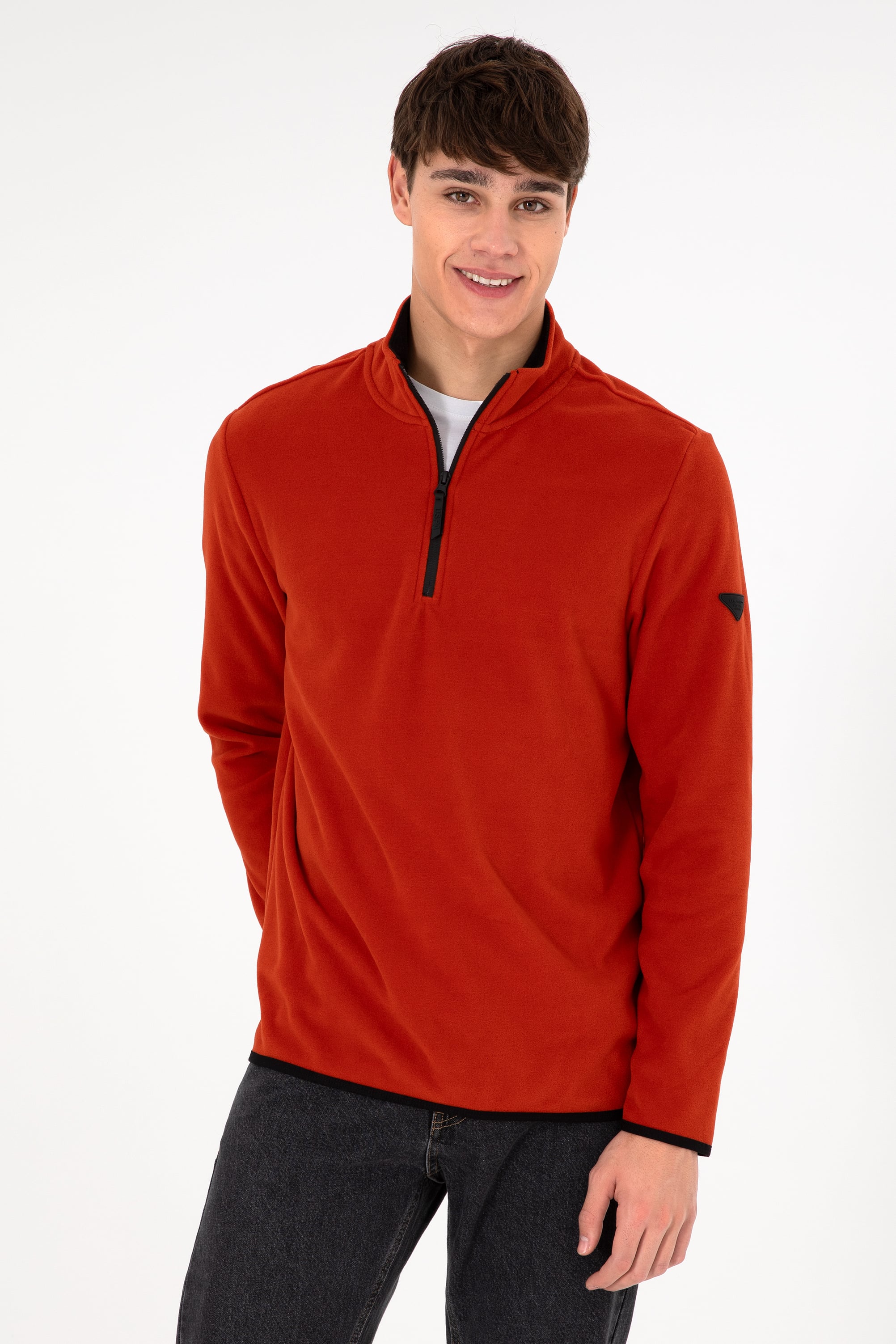 Erkek Yarım Fermuarlı Kiremit Basic Polar Sweatshirt - Image 5