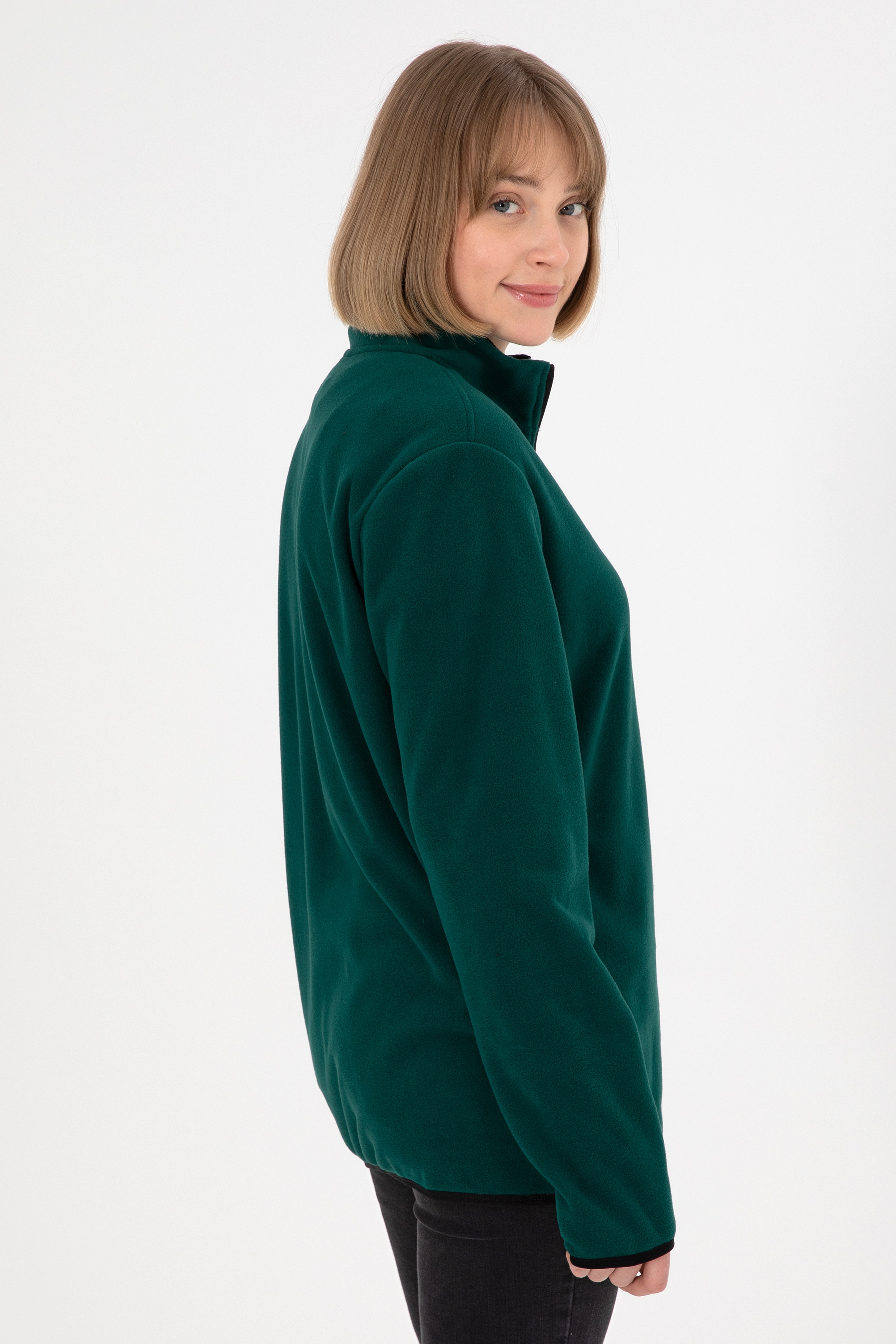 Erkek Yarım Fermuarlı Koyu Yeşil Basic Polar Sweatshirt