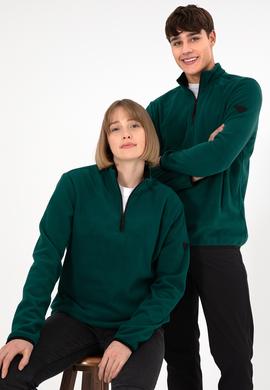 Erkek Yarım Fermuarlı Koyu Yeşil Basic Polar Sweatshirt - 50298085017