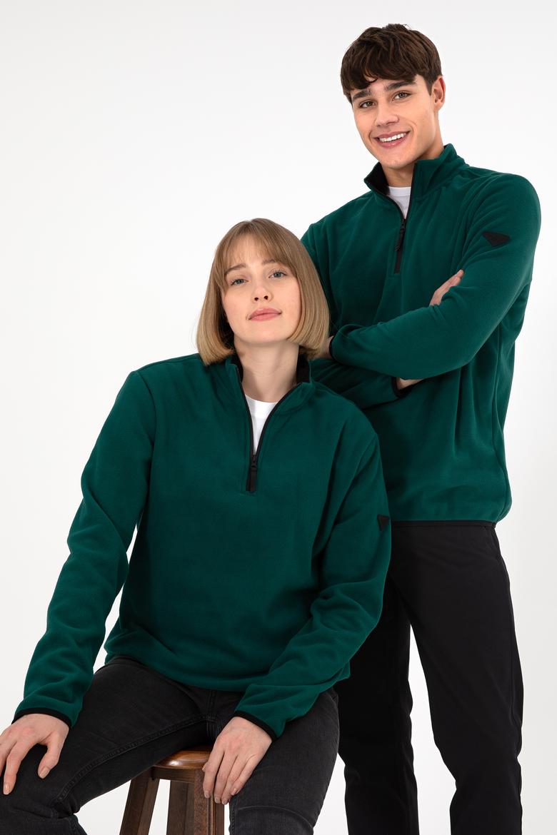 Erkek Yarım Fermuarlı Koyu Yeşil Basic Polar Sweatshirt