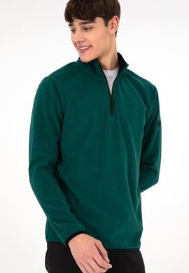 Erkek Yarım Fermuarlı Koyu Yeşil Basic Polar Sweatshirt - 50298085017