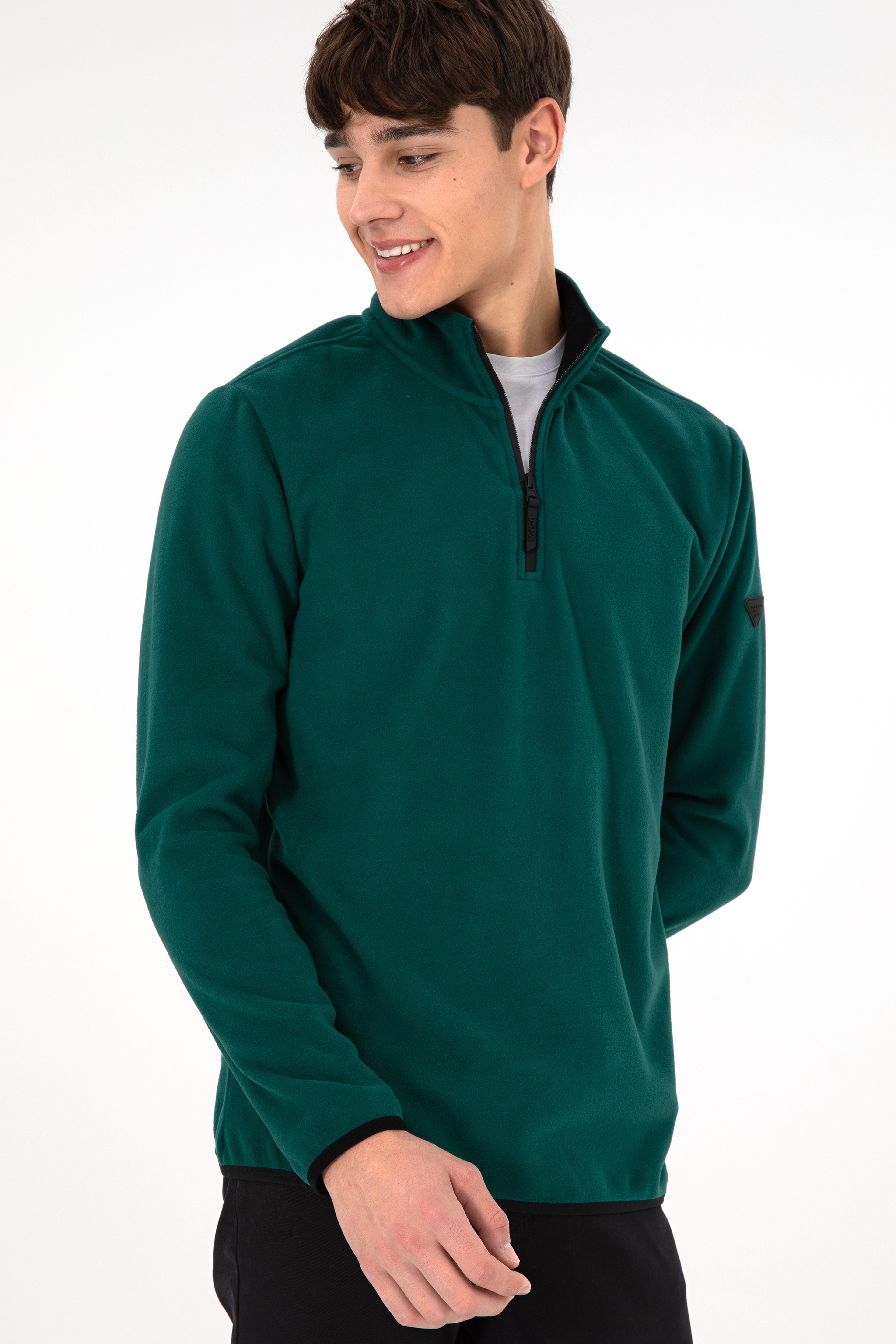 Erkek Yarım Fermuarlı Koyu Yeşil Basic Polar Sweatshirt - Image 5