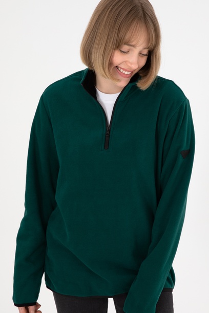 Erkek Yarım Fermuarlı Koyu Yeşil Basic Polar Sweatshirt