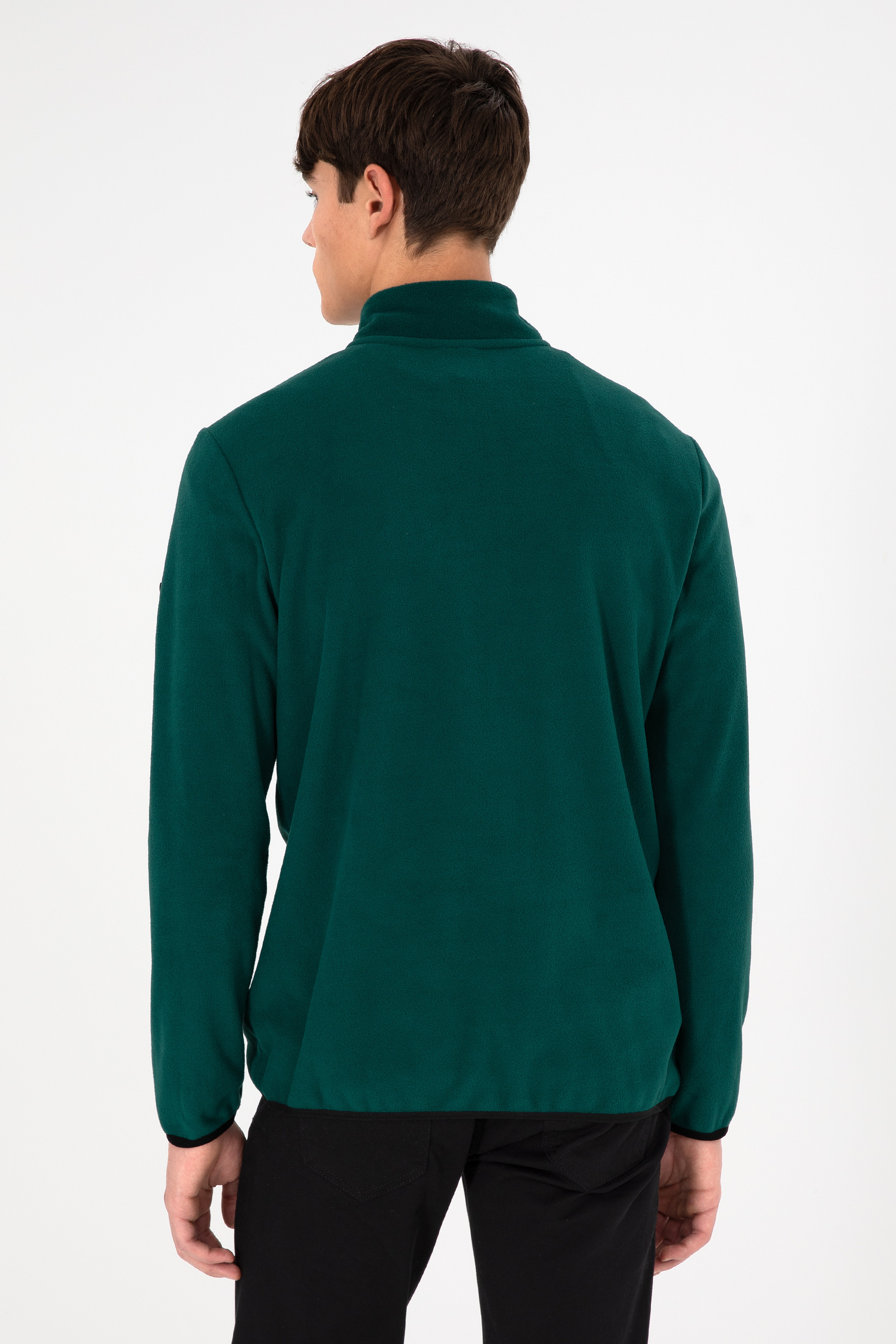 Erkek Yarım Fermuarlı Koyu Yeşil Basic Polar Sweatshirt
