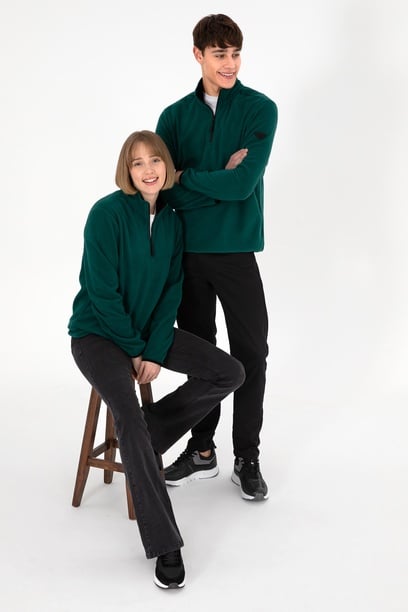 Erkek Yarım Fermuarlı Koyu Yeşil Basic Polar Sweatshirt