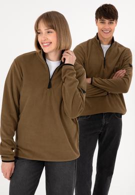 Erkek Yarım Fermuarlı Haki Basic Polar Sweatshirt - 50298085028